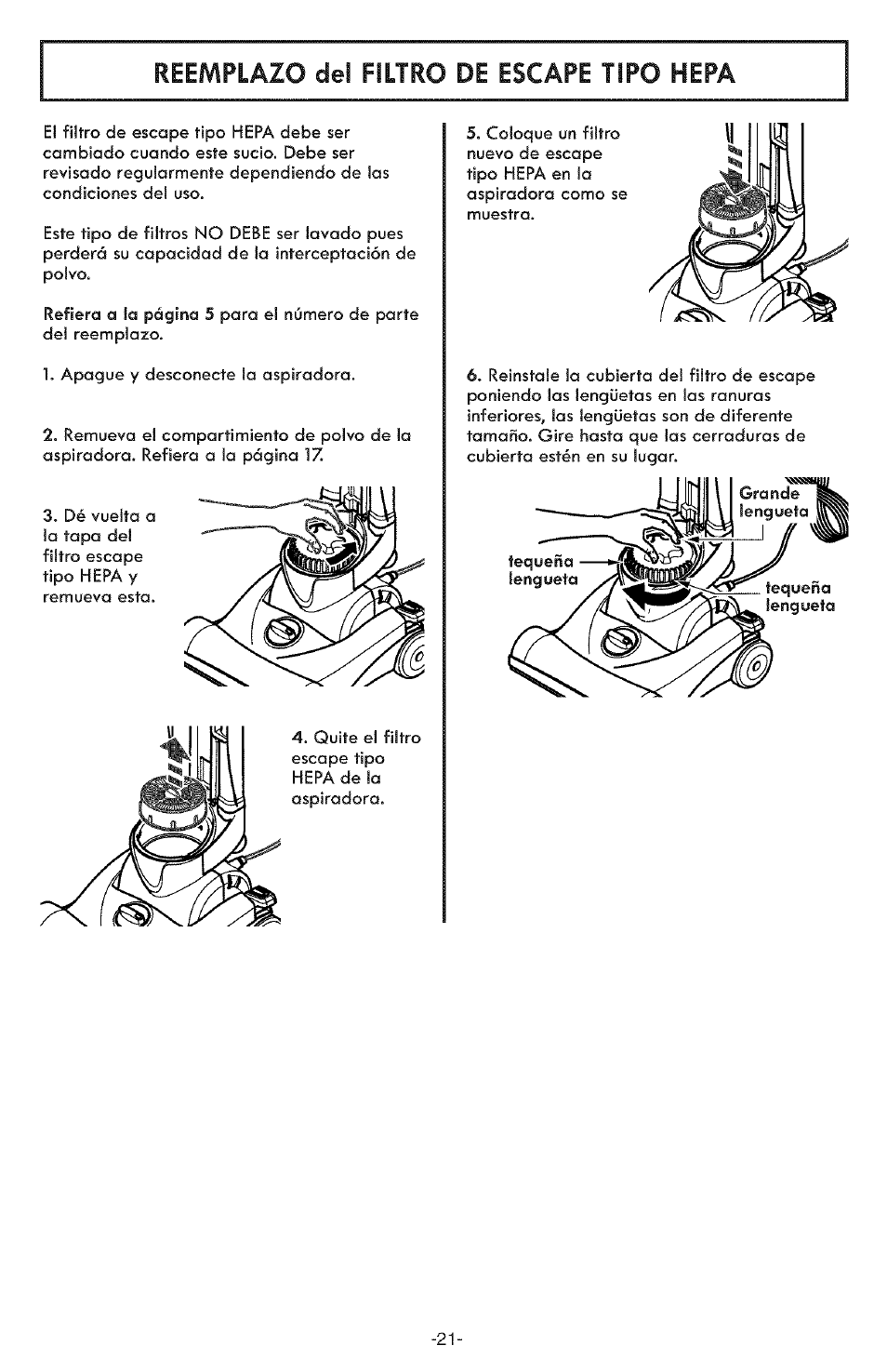 Reemplazo del filtro de escape tipo hepa | Kenmore ASPIRADORA 116.31591 User Manual | Page 45 / 51