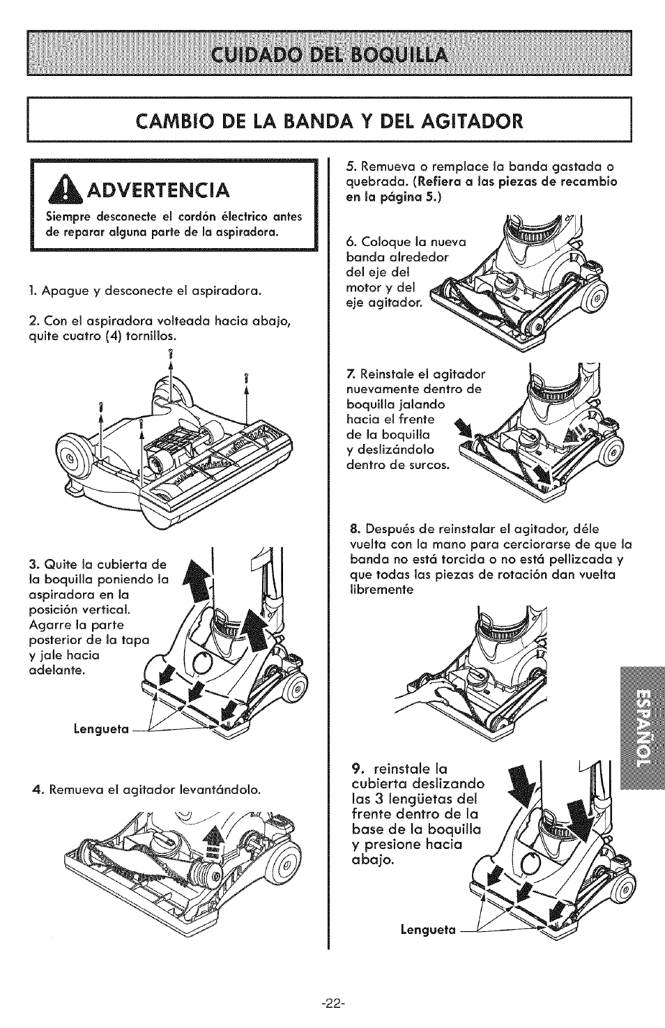 Cuidado del boquilla, Cambio de la banda y del agitador, Cuidado de la boquilla | Kenmore ASPIRADORA 116.31591 User Manual | Page 46 / 51