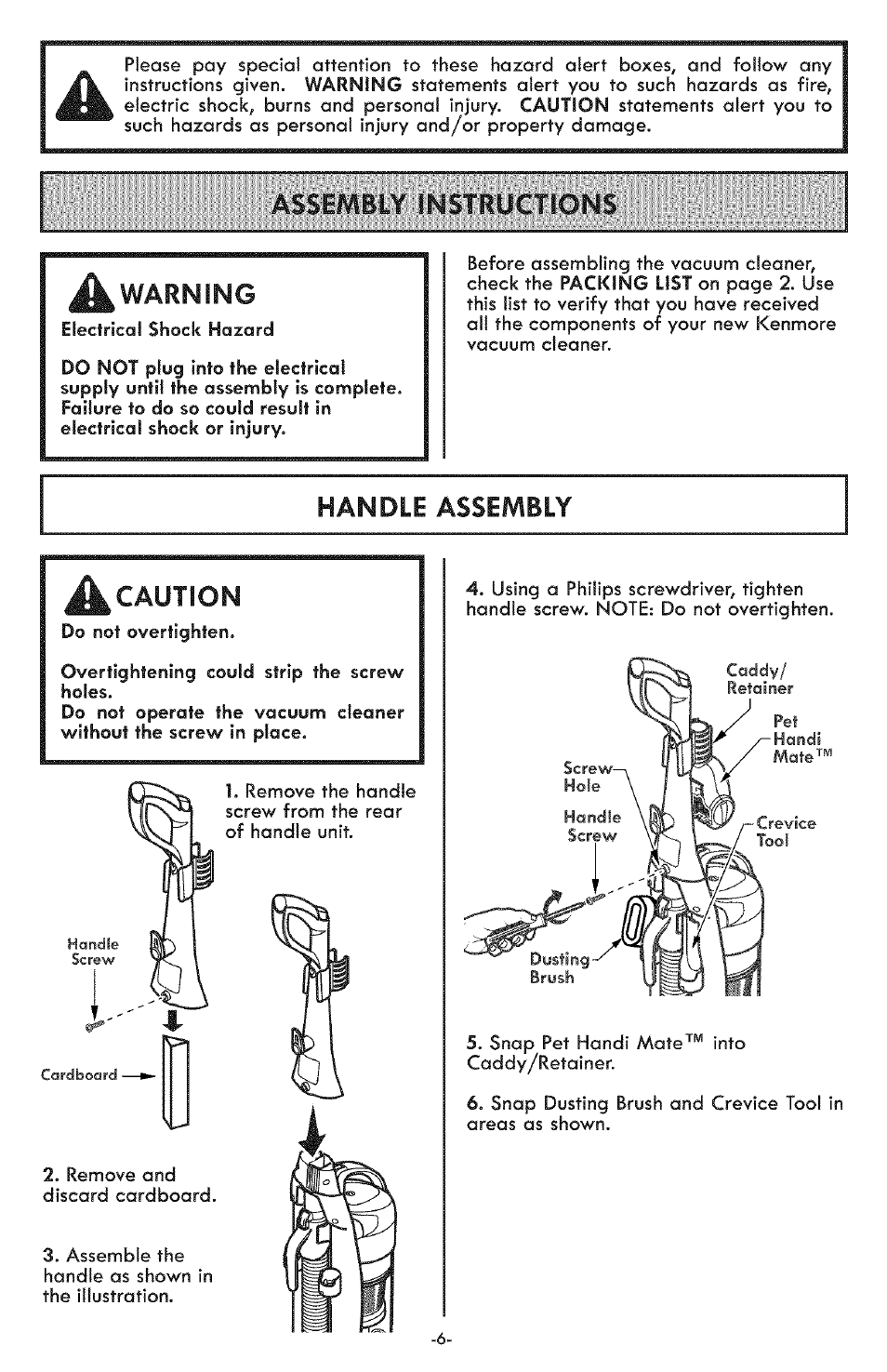 A warning, Caution | Kenmore ASPIRADORA 116.31591 User Manual | Page 6 / 51