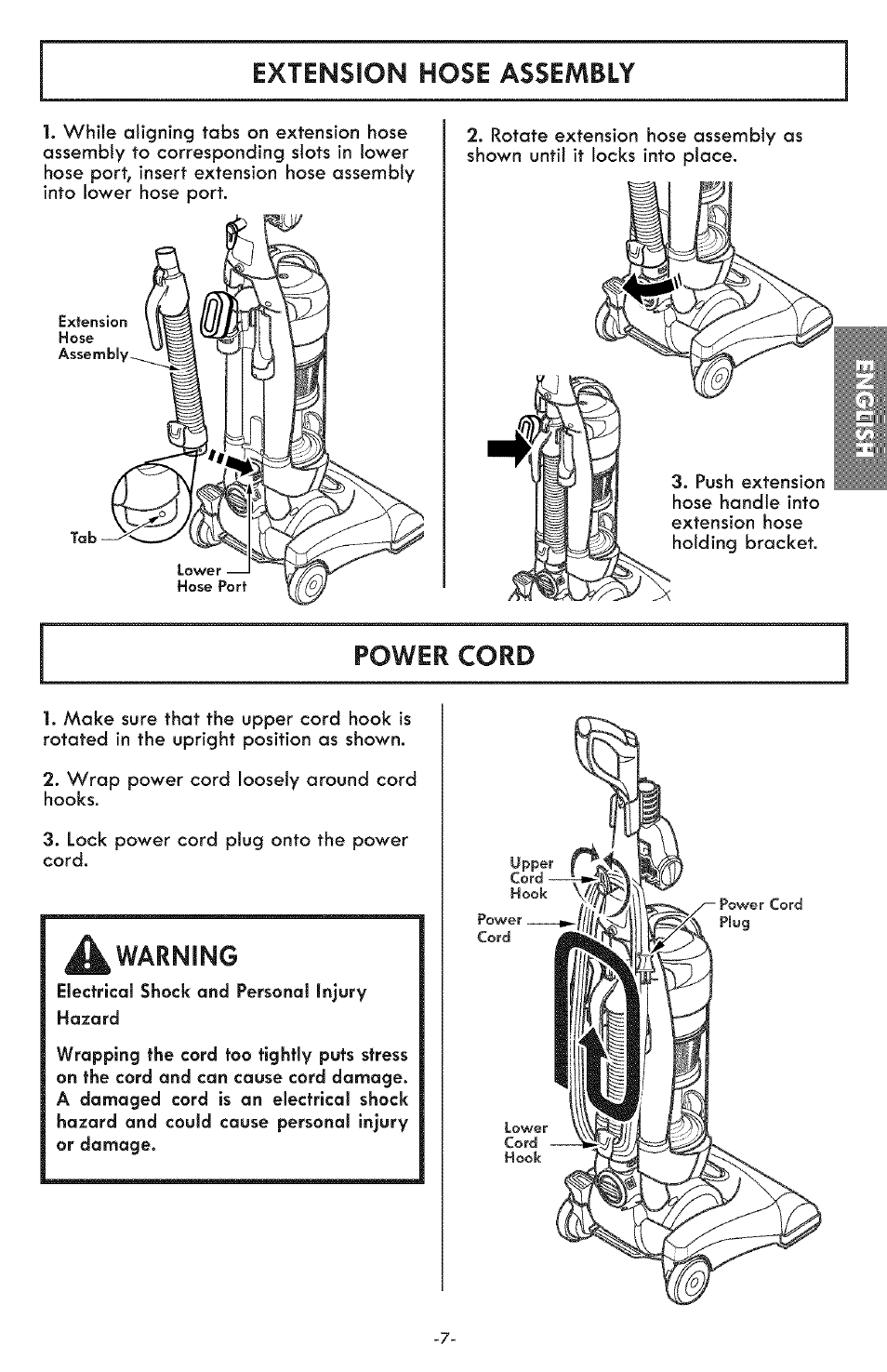 Extension hose assembly, Power cord, A warning | Kenmore ASPIRADORA 116.31591 User Manual | Page 7 / 51