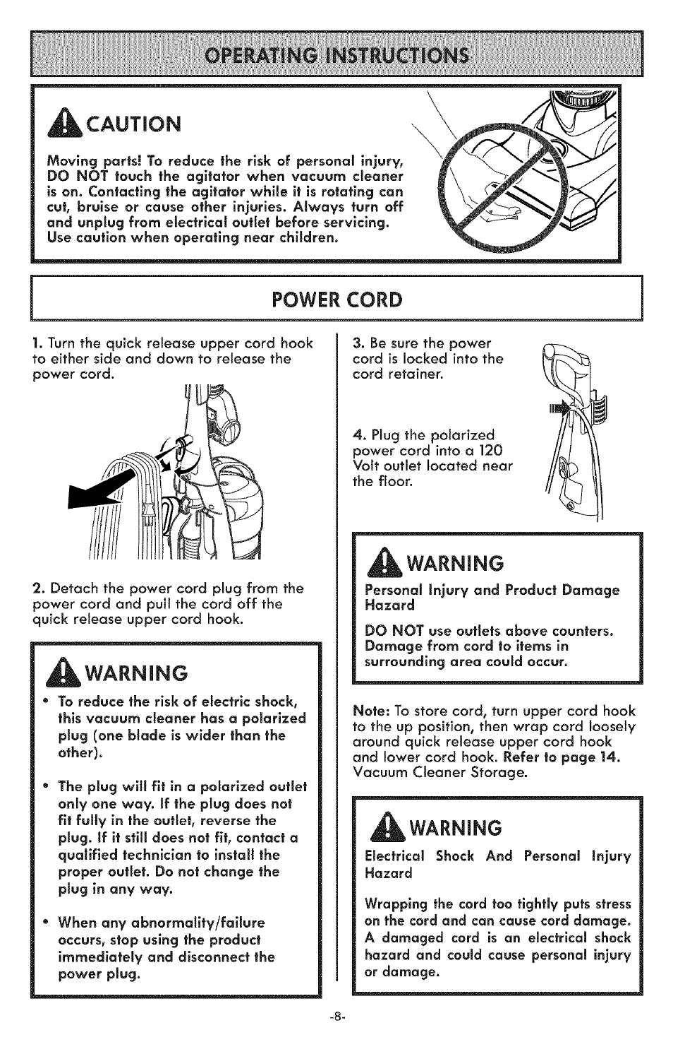 Operating instructions, A caution, Power cord | A warning, Warning | Kenmore ASPIRADORA 116.31591 User Manual | Page 8 / 51