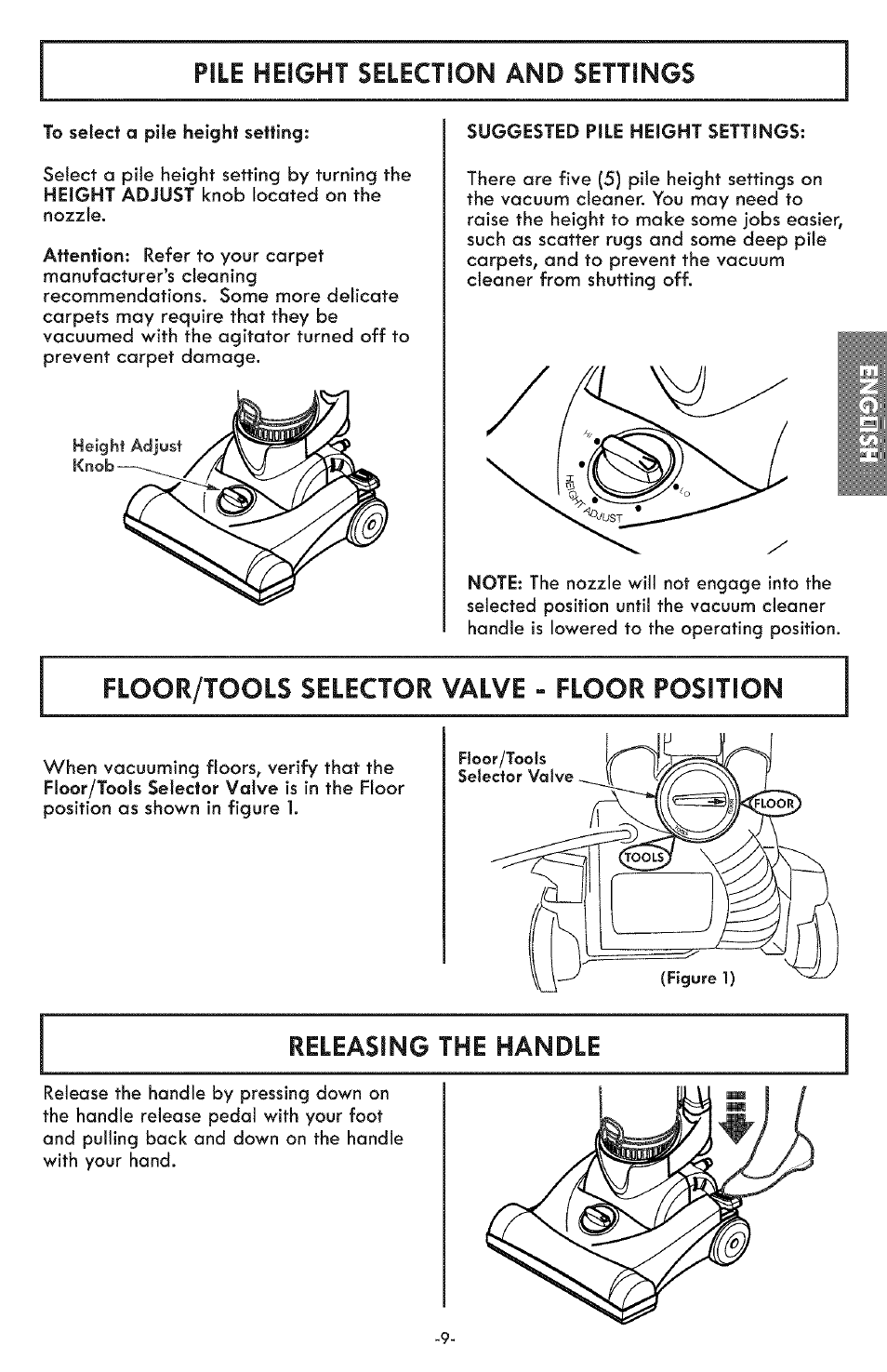 Pile height selection and settings, Floor/tools selector valve - floor position, Releasing the handle | Kenmore ASPIRADORA 116.31591 User Manual | Page 9 / 51