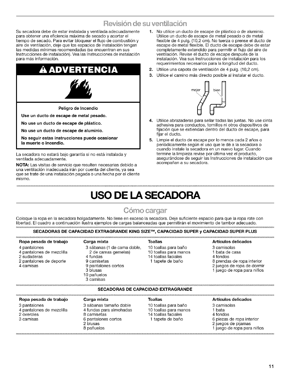 A advertencia, Uso de la secadora, Cje so wentilación | Ñmásmn | Kenmore 3979964 User Manual | Page 11 / 16