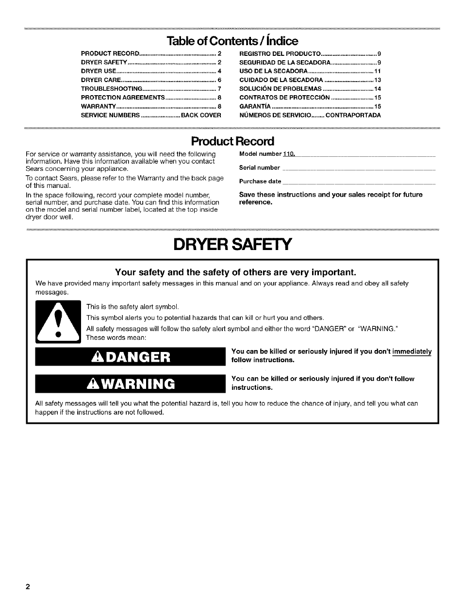 Adanger awarning, Dryer safety, Table of contents / indice | Product record | Kenmore 3979964 User Manual | Page 2 / 16