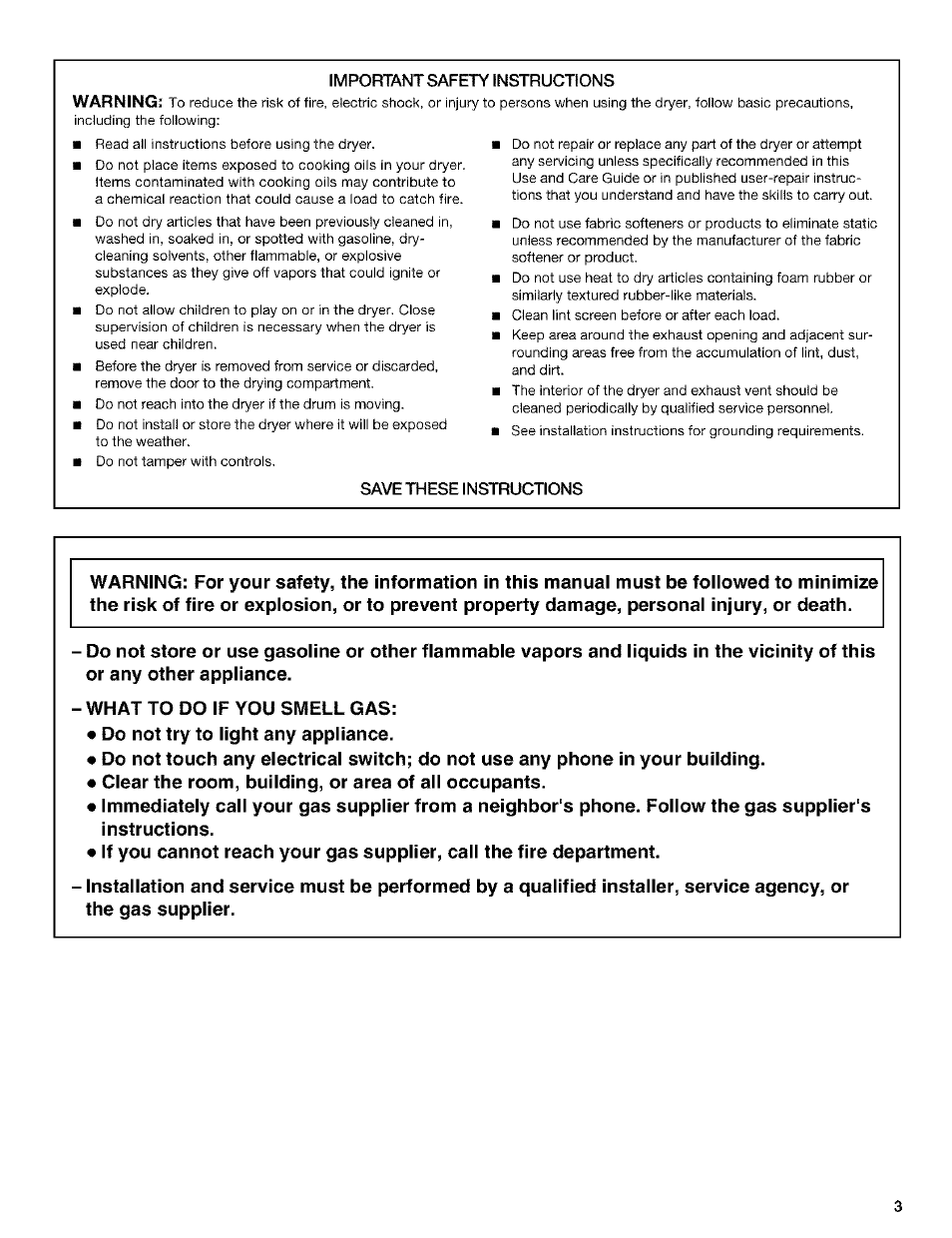 What to do if you smell gas, Do not try to light any appliance, Clear the room, building, or area of all occupants | Kenmore 3979964 User Manual | Page 3 / 16