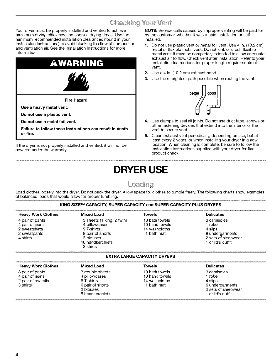 Heavy work clothes, Mixed load, Extra large capacity dryers | Délicates, Awarning, Dryer use, Checking ybyr | Kenmore 3979964 User Manual | Page 4 / 16