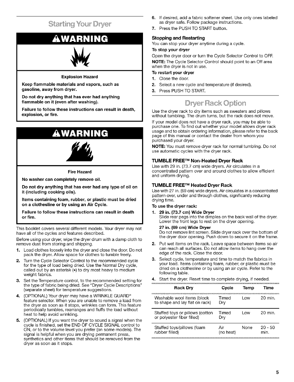 Stopping and restarting, Tumble free^'“' non-heated dryer rack, Tumble free™ heated dryer rack | 29 in. (73.7 cm) wide dryer, 27 in. (69 cm) wide dryer, Cycle temp time, A warning, Awarning | Kenmore 3979964 User Manual | Page 5 / 16