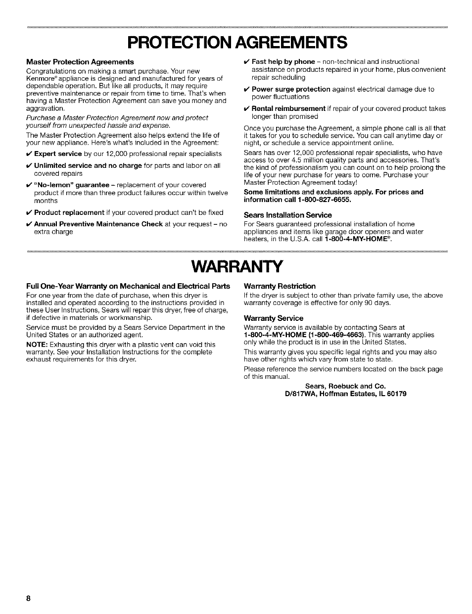 Master protection agreements, Sears installation service, Warranty restriction | Warranty service, Warranty | Kenmore 3979964 User Manual | Page 8 / 16