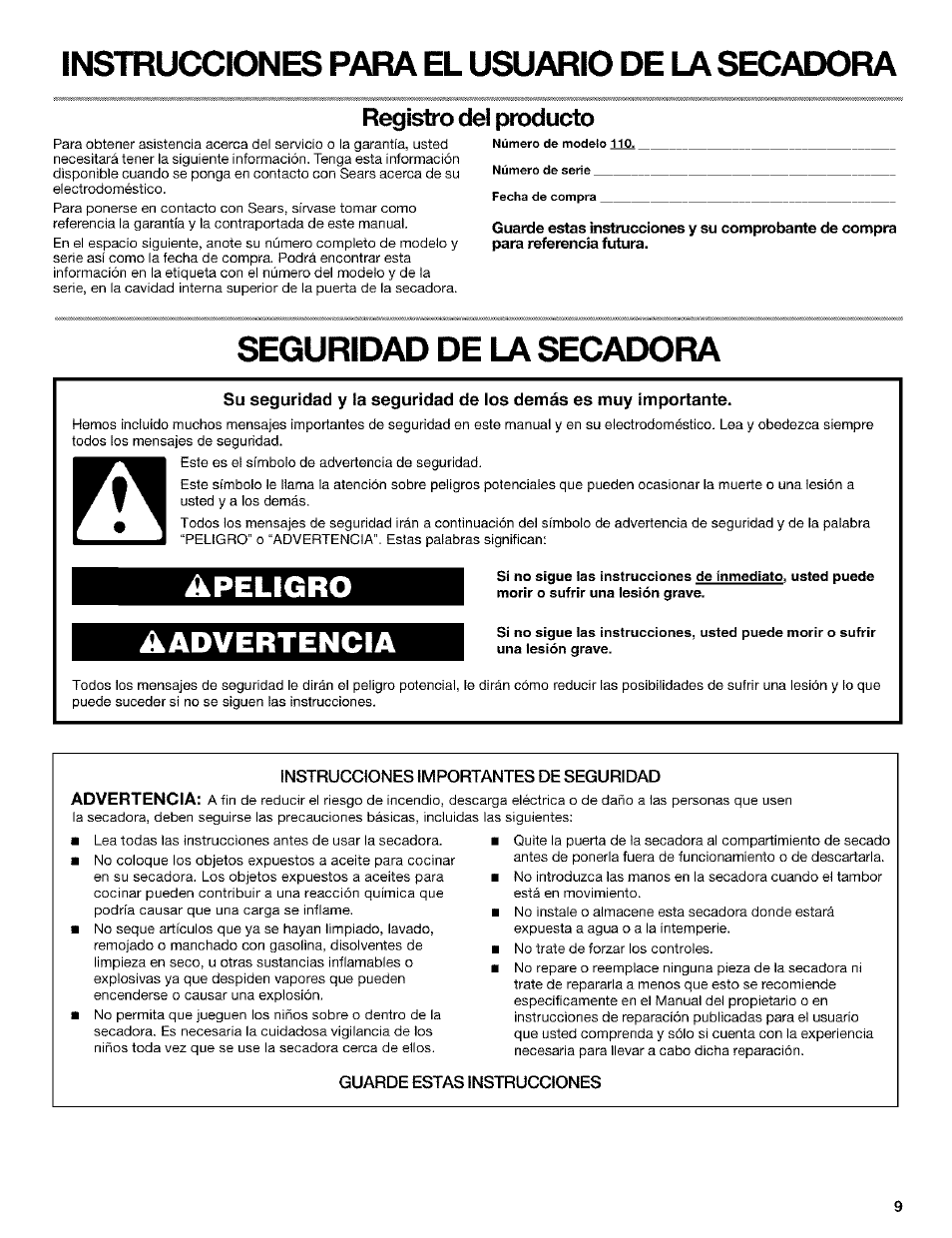 Apeligro aadvertencia, Instrucciones para el usuario de la secadora, Seguridad de la secadora | Registro del producto | Kenmore 3979964 User Manual | Page 9 / 16