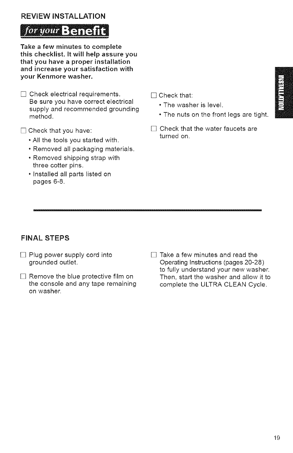 Final steps, For your benefit | Kenmore 3950144 User Manual | Page 19 / 37