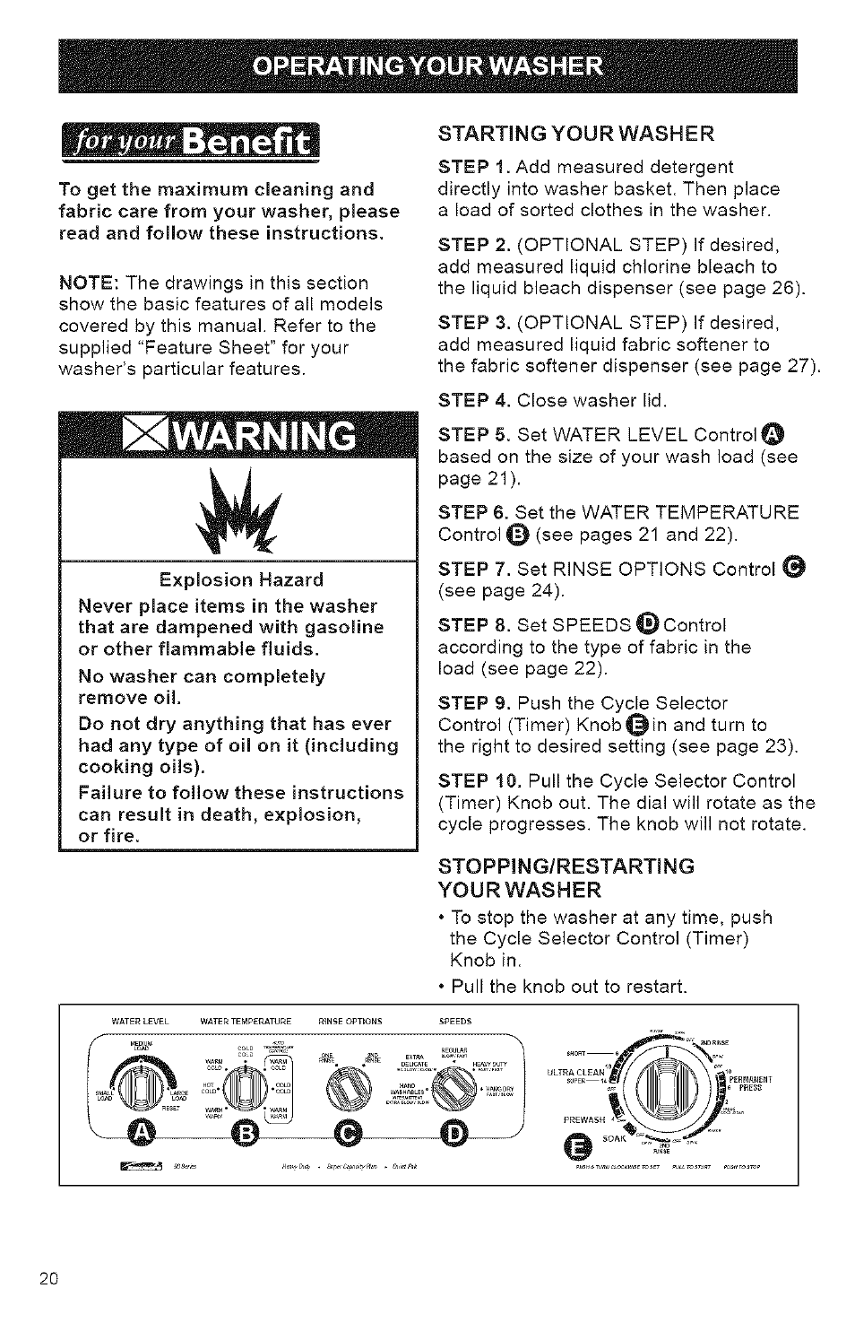 Starting your washer, Stopping/restarting, Yourwasher | Benefit, Warning, I=l_©—o, Operating your washer, Your | Kenmore 3950144 User Manual | Page 20 / 37