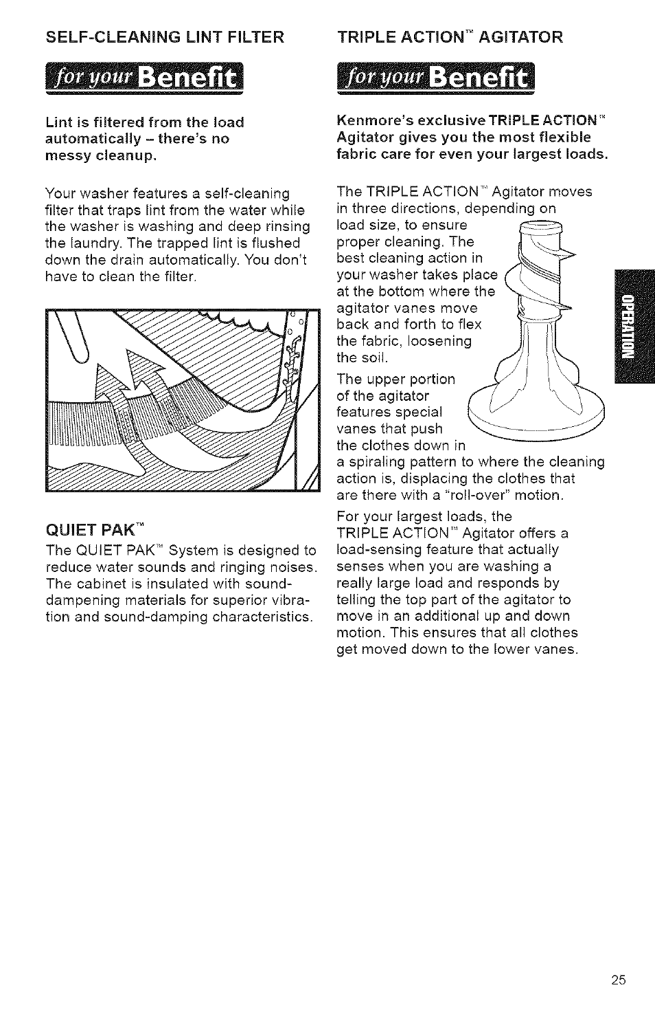 Self-cleaning lint filter, От 1/0мг benefit, Or i/oi/f benefit | Quiet pak, Мг benefit /or i/oi/f benefit | Kenmore 3950144 User Manual | Page 25 / 37