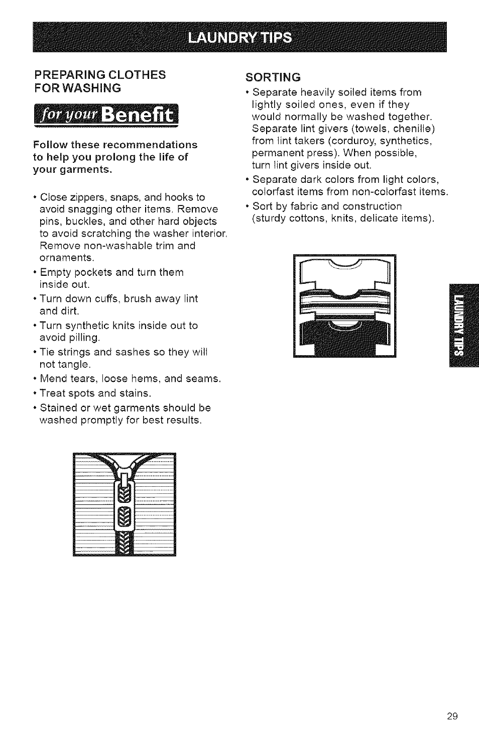 Benefit, Sorting, Laundry tips | Kenmore 3950144 User Manual | Page 29 / 37