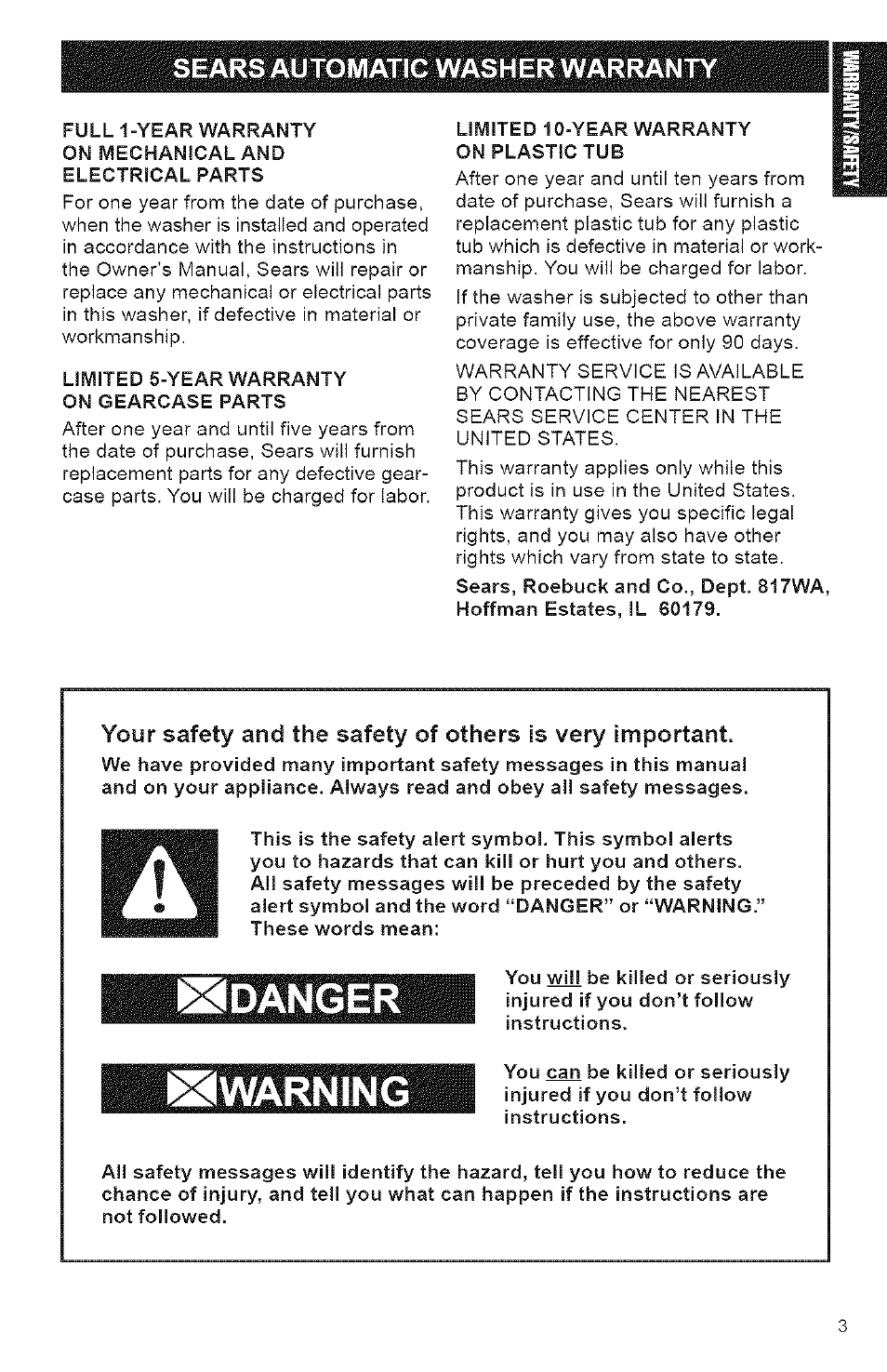 Sears automatic washer warrantv i, Danger ^warning, Sears automatic washer warrantv ......... i | Kenmore 3950144 User Manual | Page 3 / 37