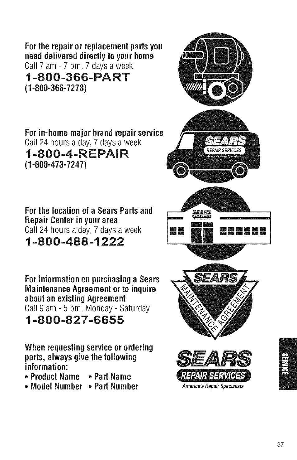 800-366-part, 800-4-repalr | Kenmore 3950144 User Manual | Page 37 / 37