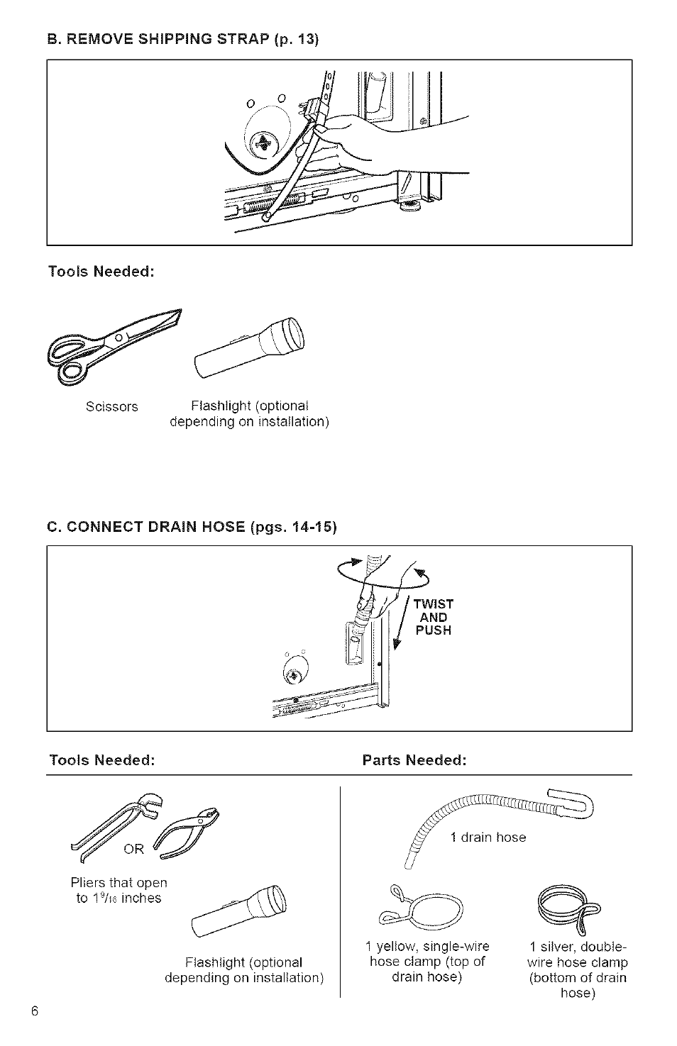 B. remove shipping strap {p. 13), C. connect drain hose {pgs. 14-15) | Kenmore 3950144 User Manual | Page 6 / 37