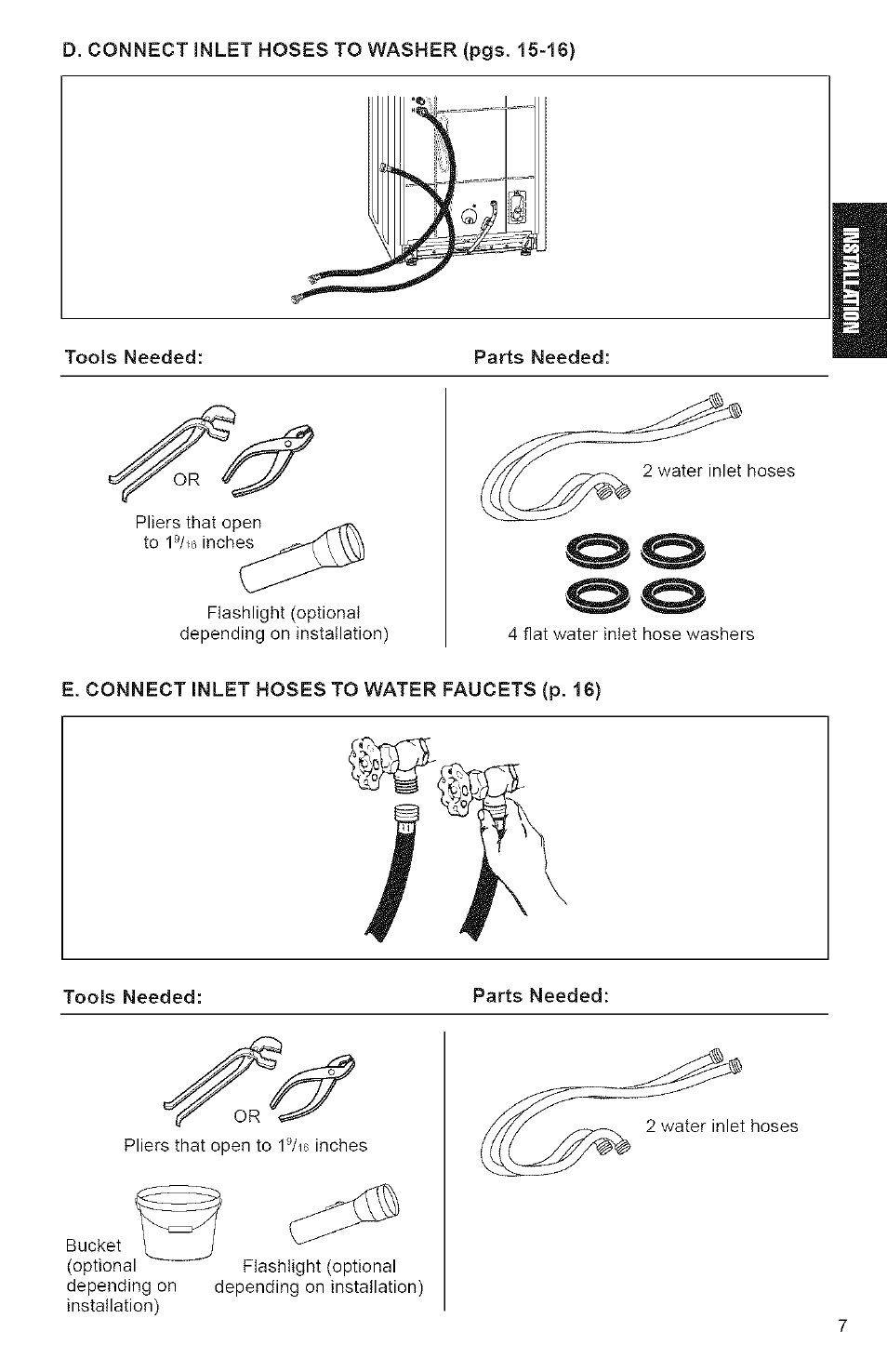 D. connect inlet hoses to washer (pgs. 15-16), Water | Kenmore 3950144 User Manual | Page 7 / 37