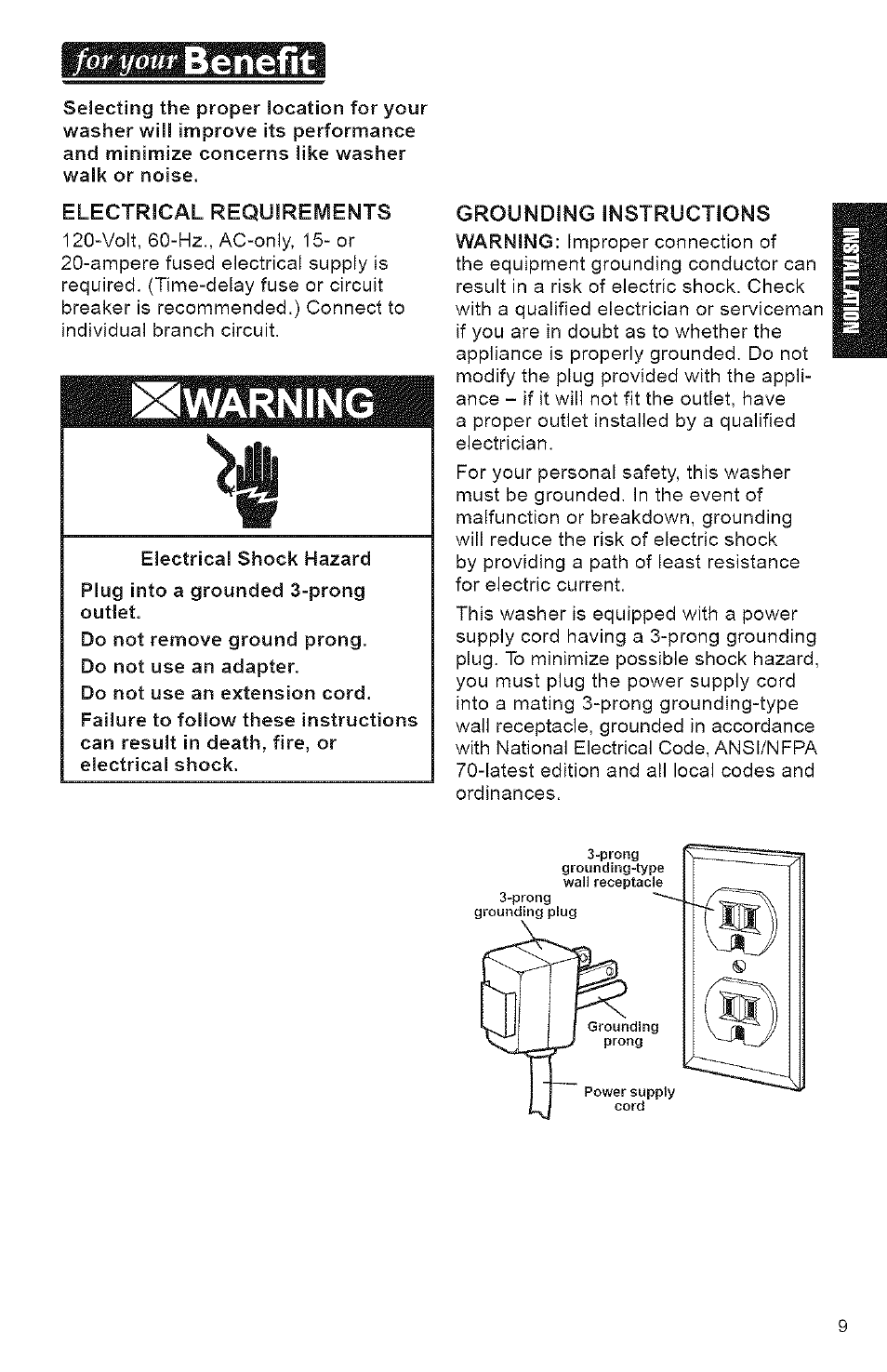 For your benefit, Electrical requirements, Warning | Benefit, For your | Kenmore 3950144 User Manual | Page 9 / 37