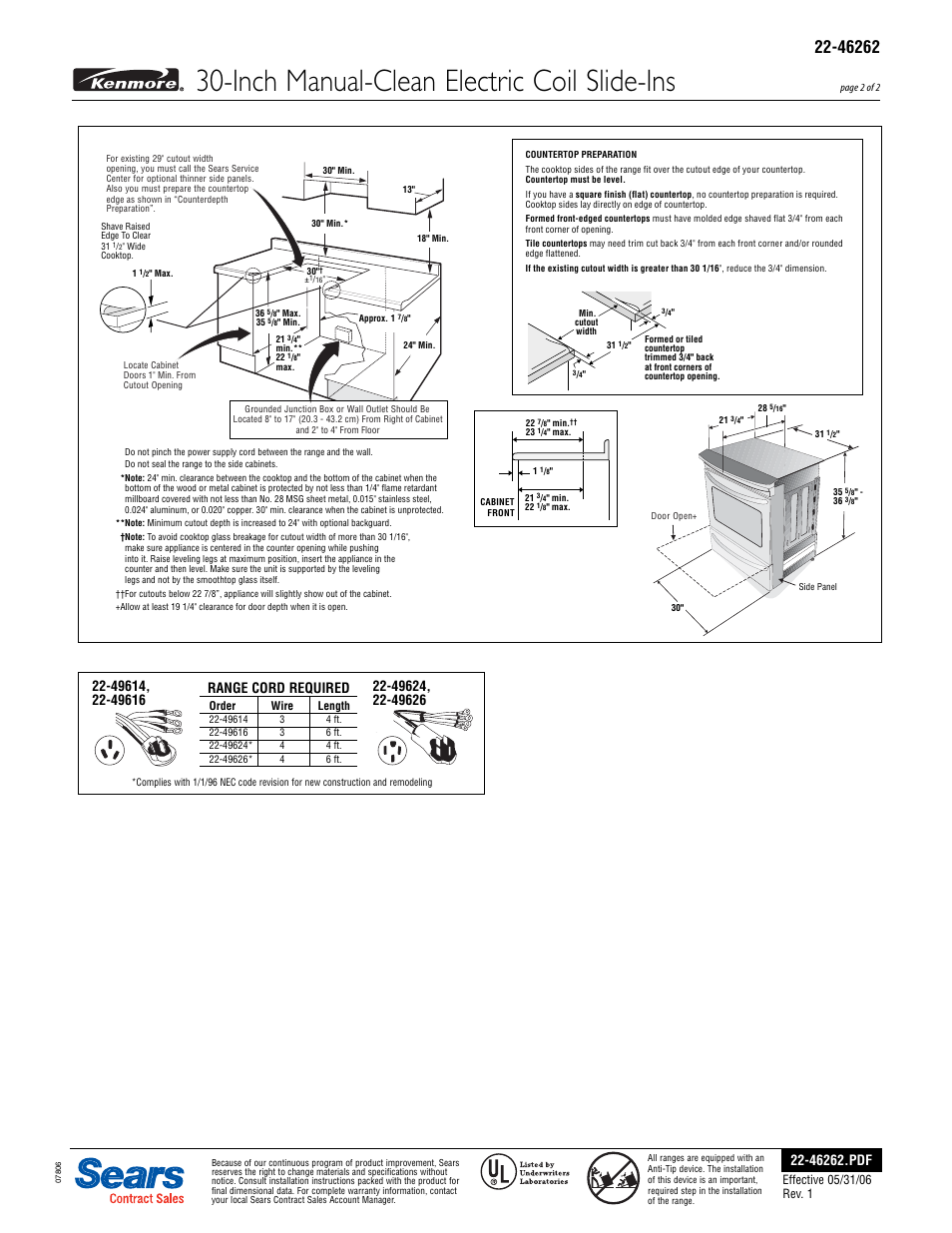 Inch manual-clean electric coil slide-ins, Range cord required | Kenmore 22-46262 User Manual | Page 2 / 2