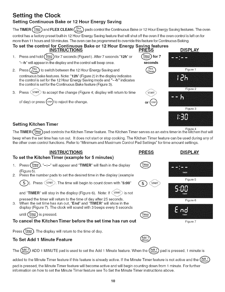 Setting kitchen timer, Press, Instructions | To set the kitchen timer (example for 5 minutes), Display, To set add 1 minute feature, B u y, Setting the clock | Kenmore 790. 4789 User Manual | Page 10 / 36