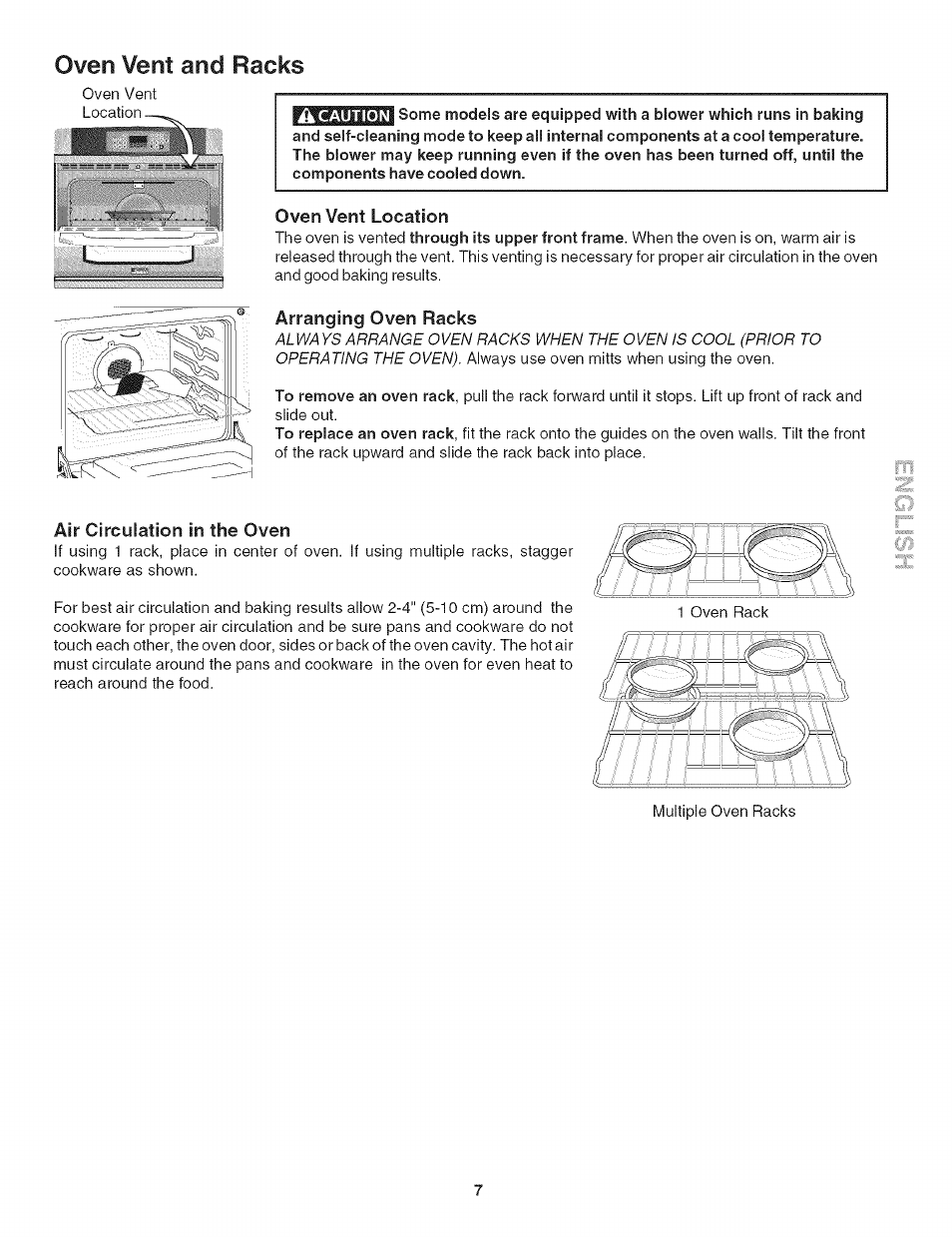 Oven veni and racks, A caution, Oven vent location | Arranging oven racks, Air circulation in the oven | Kenmore 790. 4789 User Manual | Page 7 / 36