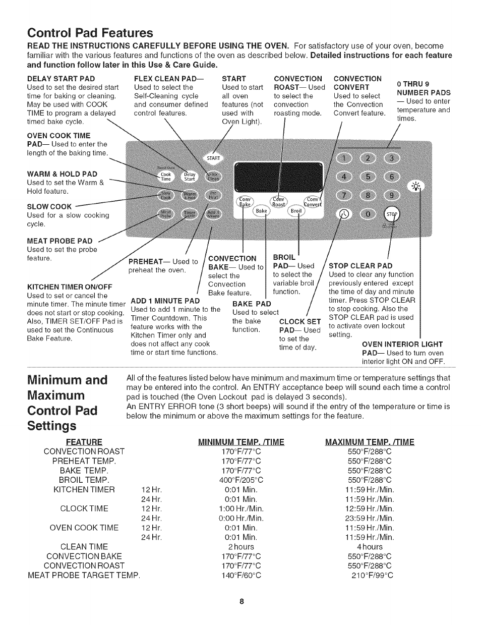 Control pad features, Feature, Minimum temp. /time | Maximum temp. /time, Minimum and maximum control pad settings | Kenmore 790. 4789 User Manual | Page 8 / 36