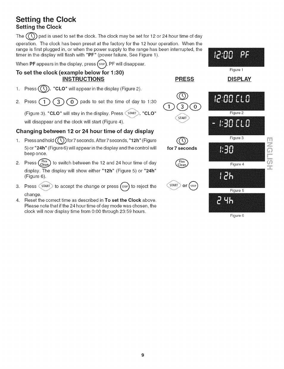 To set the clock (example below for 1:30), Instructions, Press | Changing between 12 or 24 hour time of day display, Display, U llu, Setting the clock | Kenmore 790. 4789 User Manual | Page 9 / 36