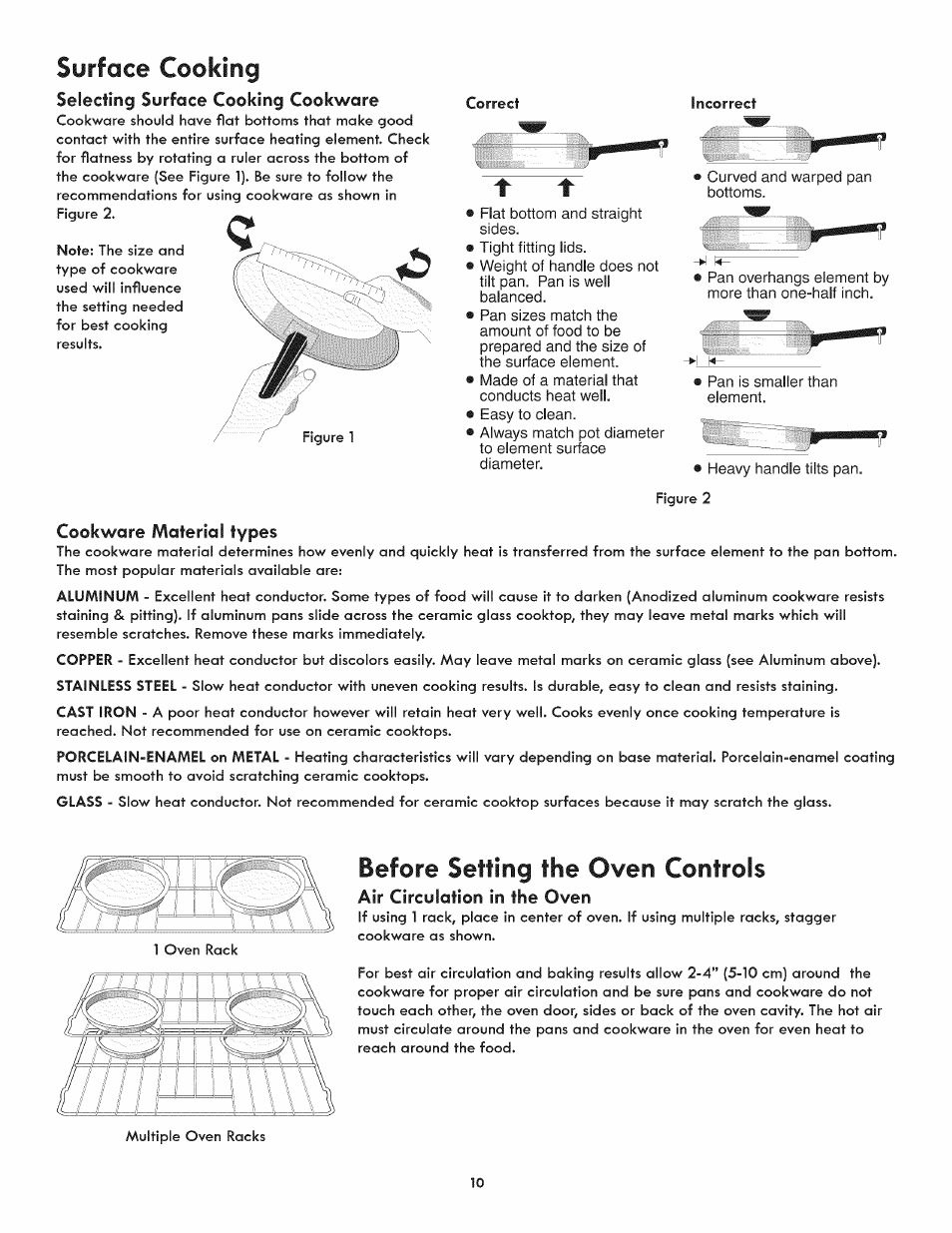 Selecting surface cooking cookware, Cookware material types, Before setting the oven controls | Air circulation in the oven, Before setting surface controls, Surface cooking | Kenmore 790.9805 User Manual | Page 10 / 30