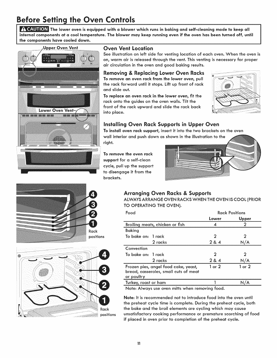 Oven vent location, Removing & replacing lower oven racks, Installing oven rack supports in upper oven | Arranging oven racks & supports, Before setting the oven controls | Kenmore 790.9805 User Manual | Page 11 / 30
