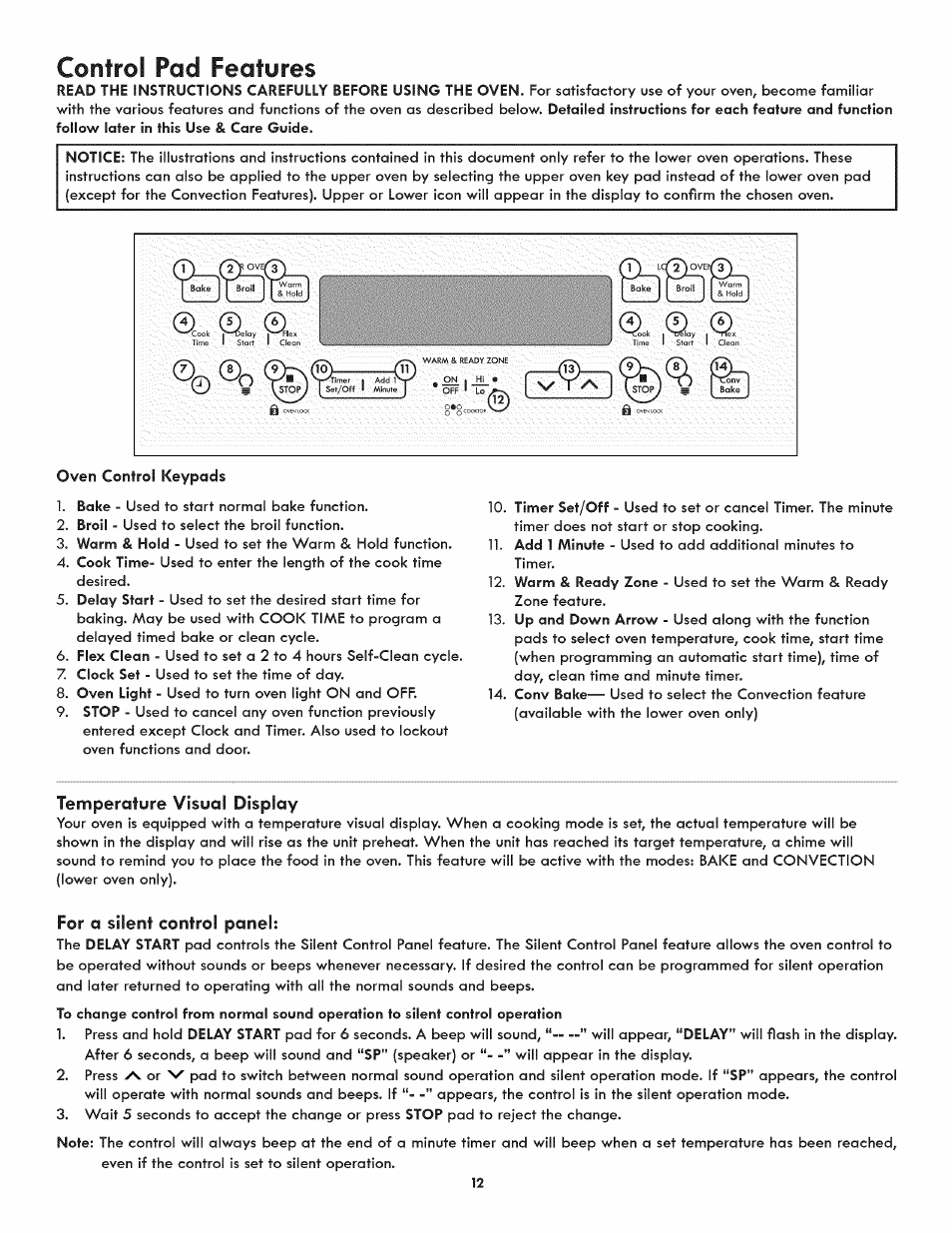 Temperature visual display, For a silent control panel, Control pad features | Kenmore 790.9805 User Manual | Page 12 / 30