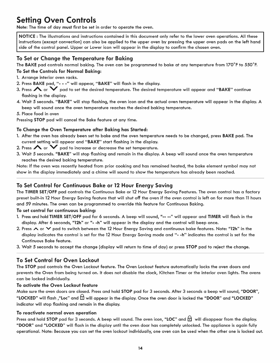 To set or change the temperature for baking, To set control for oven lockout, Setting oven controls | Kenmore 790.9805 User Manual | Page 14 / 30