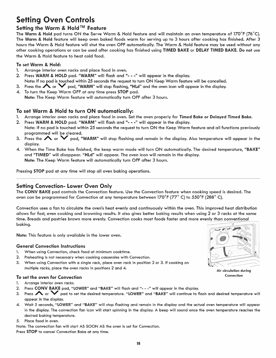 Setting the warm & hold™ feature, To set warm & hold to turn on automatically, Setting convection- lower oven only | Kenmore 790.9805 User Manual | Page 18 / 30