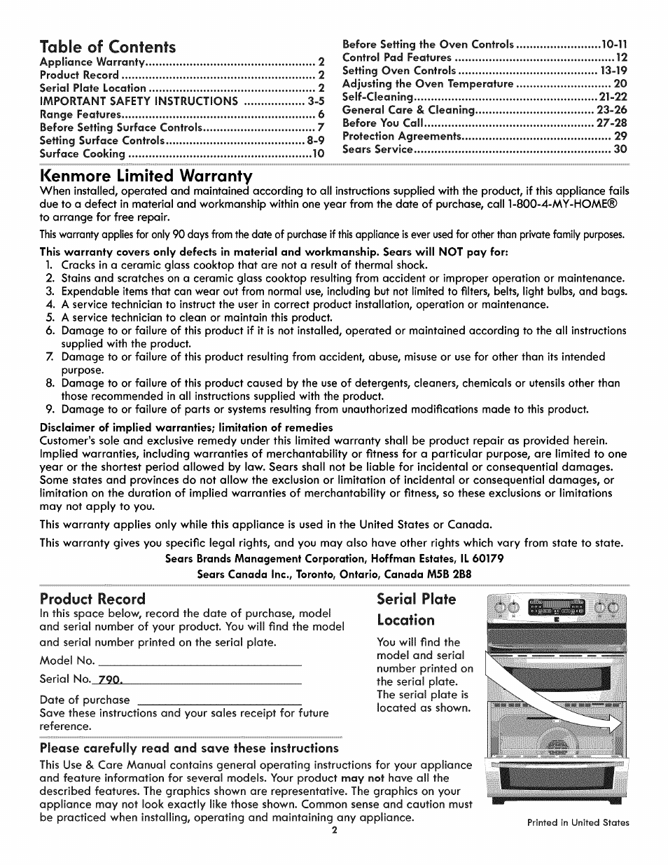 Kenmore 790.9805 User Manual | Page 2 / 30