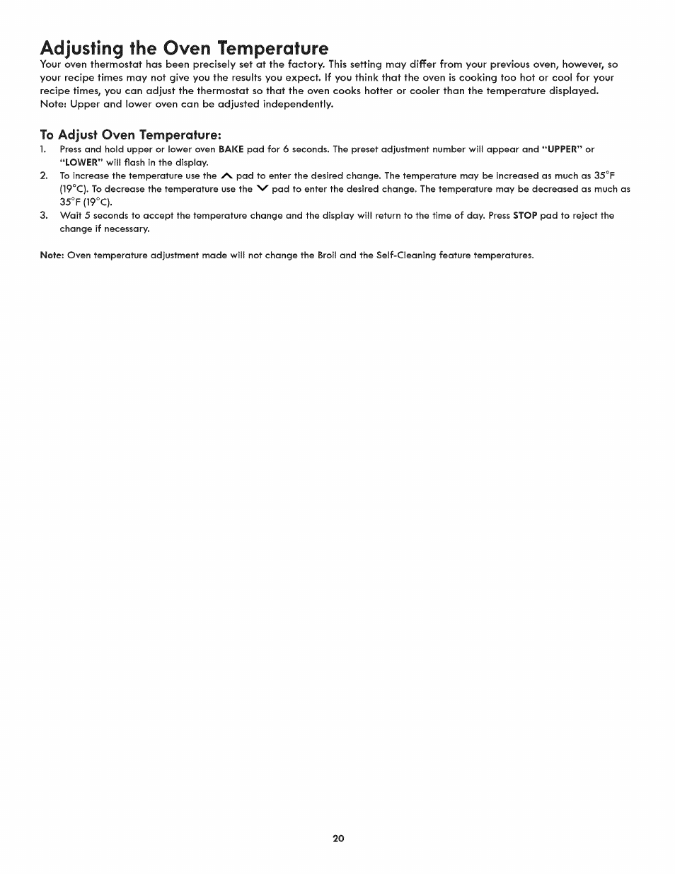 To adjust oven temperature, Adjusting the oven temperature | Kenmore 790.9805 User Manual | Page 20 / 30