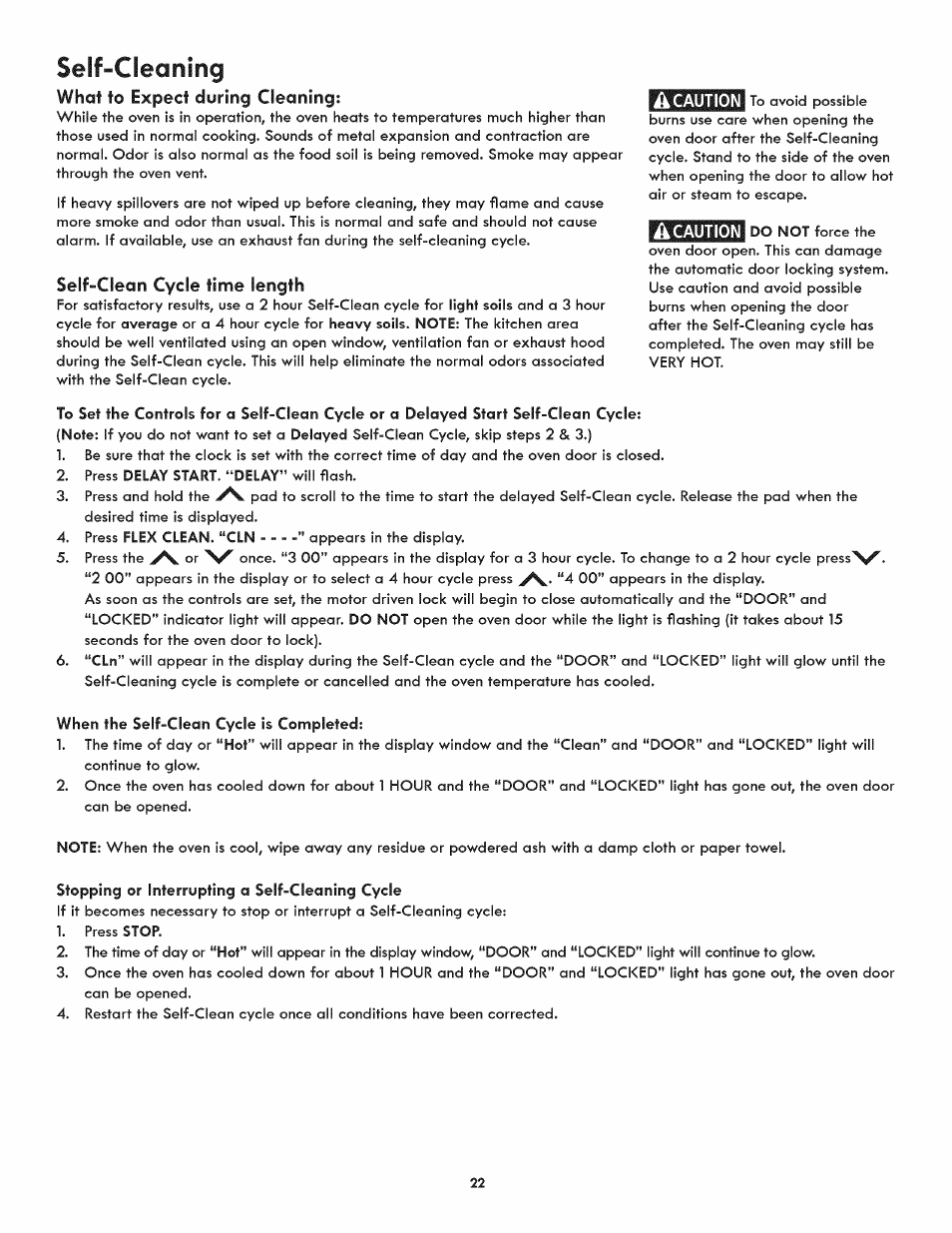 What to expect during cleaning, Self-clean cycle time length, Self-cleaning | Kenmore 790.9805 User Manual | Page 22 / 30