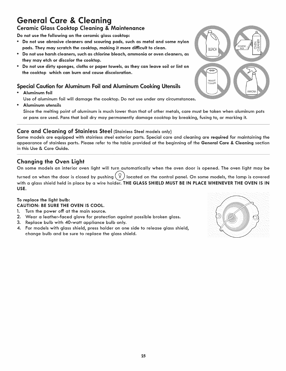 Changing the oven light, General care & cleaning, Ceramic | Kenmore 790.9805 User Manual | Page 25 / 30