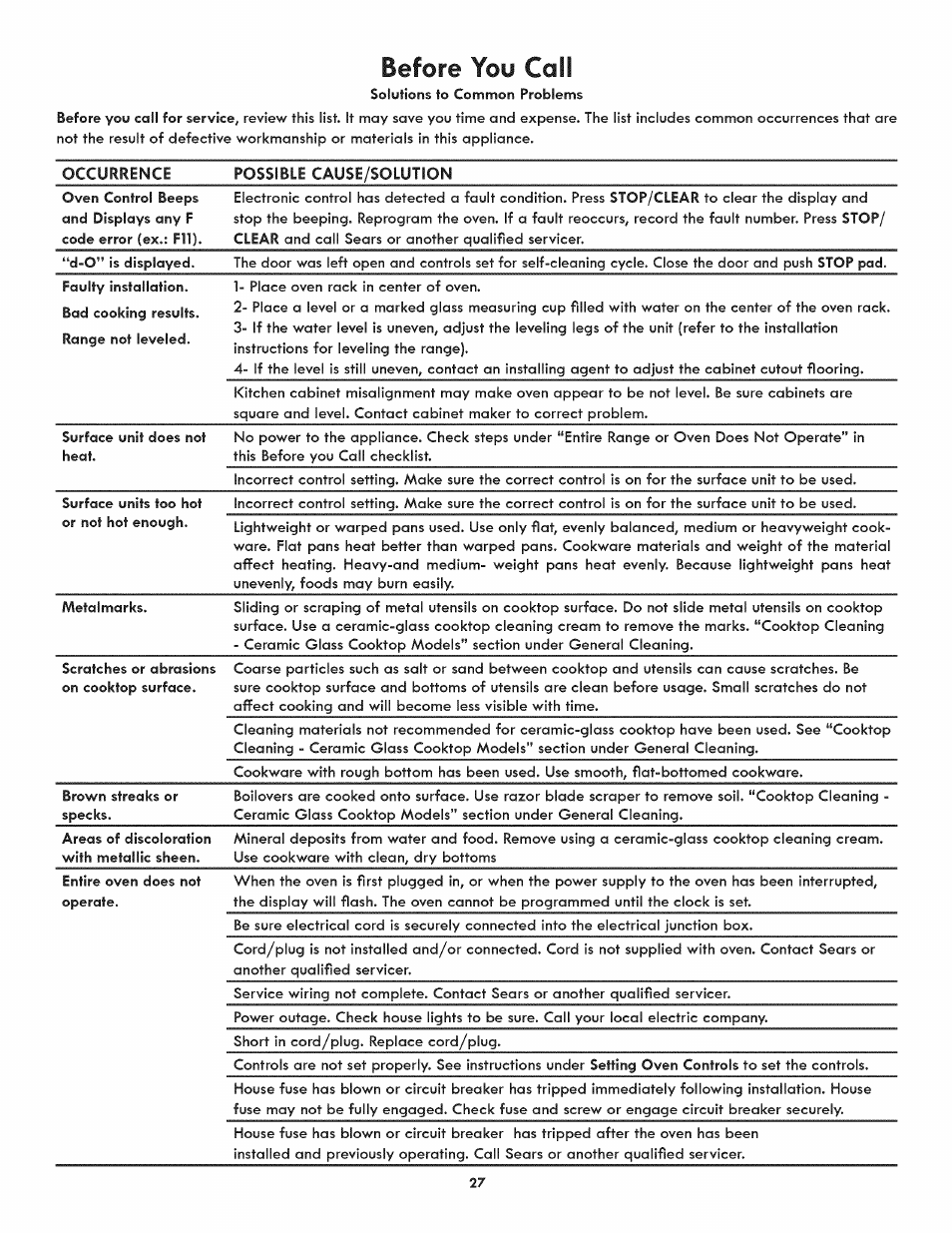 Before you cali | Kenmore 790.9805 User Manual | Page 27 / 30