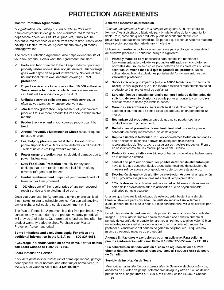 Protection agreements | Kenmore 790.9805 User Manual | Page 29 / 30