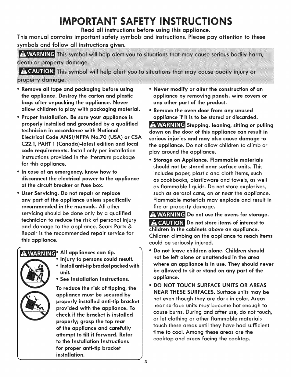 Important safety instructions | Kenmore 790.9805 User Manual | Page 3 / 30