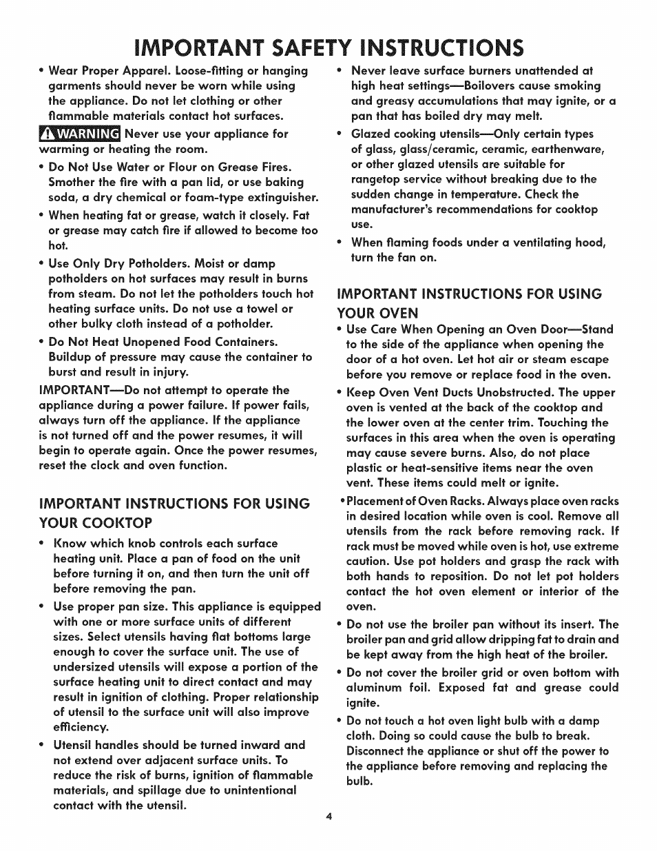 Important instructions for using your cooktop, Important instructions for using your oven, Important safety instructions | Kenmore 790.9805 User Manual | Page 4 / 30