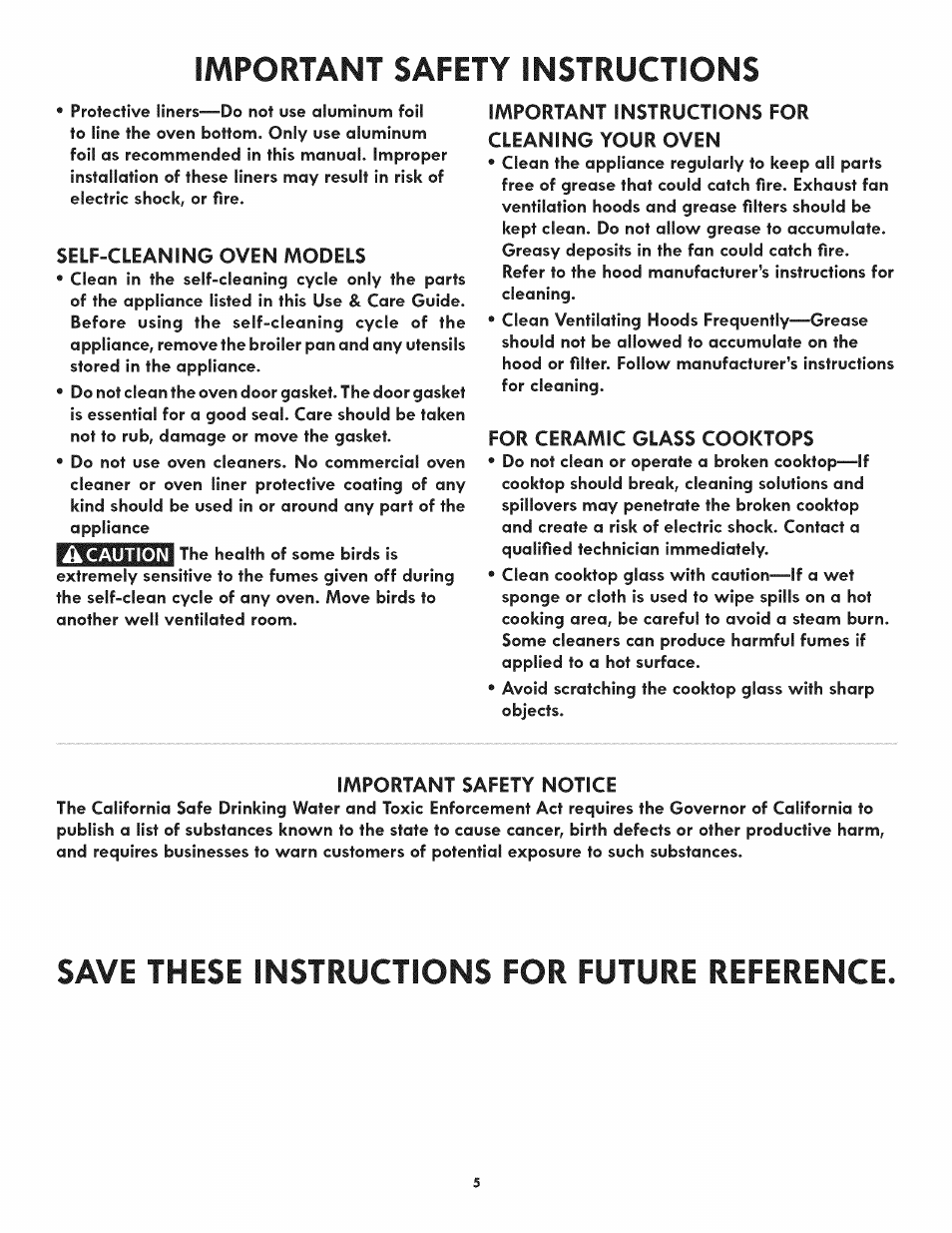 Self-cleaning oven models, Important instructions for cleaning your oven, For ceramic glass cooktops | Important safety notice, Important safety instructions -5, Important safety instructions, Save these instructions for future reference | Kenmore 790.9805 User Manual | Page 5 / 30