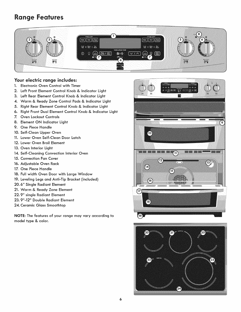 Your electric range includes, Range features | Kenmore 790.9805 User Manual | Page 6 / 30