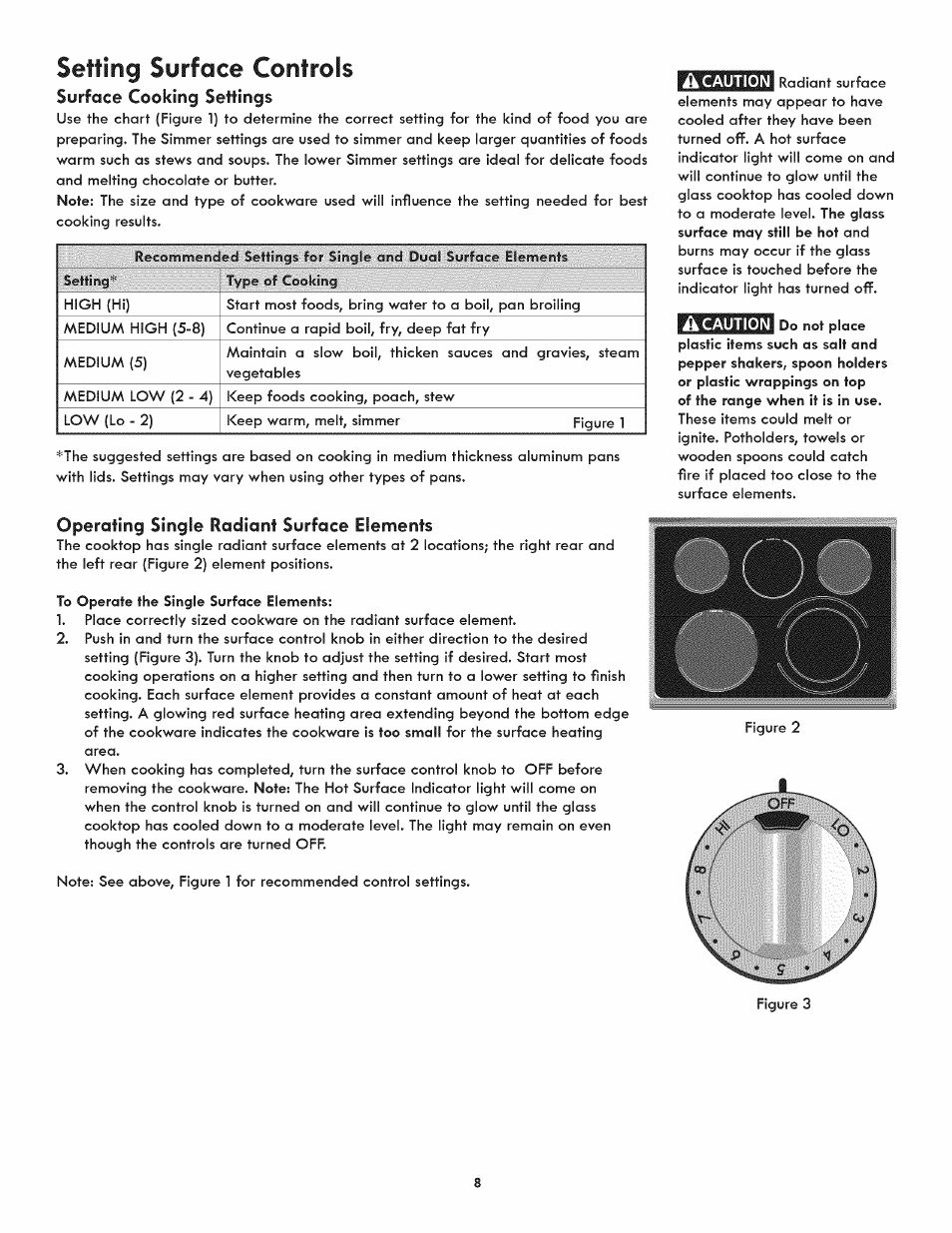 Surface cooking settings, Operating single radiant surface elements, Setting surface controls | Kenmore 790.9805 User Manual | Page 8 / 30