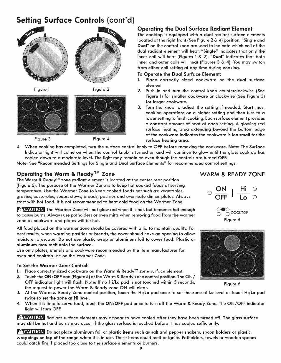 Operating the dual surface radiant element, Operating the warm & ready™ zone, Setting surface | On hi o off lo | Kenmore 790.9805 User Manual | Page 9 / 30