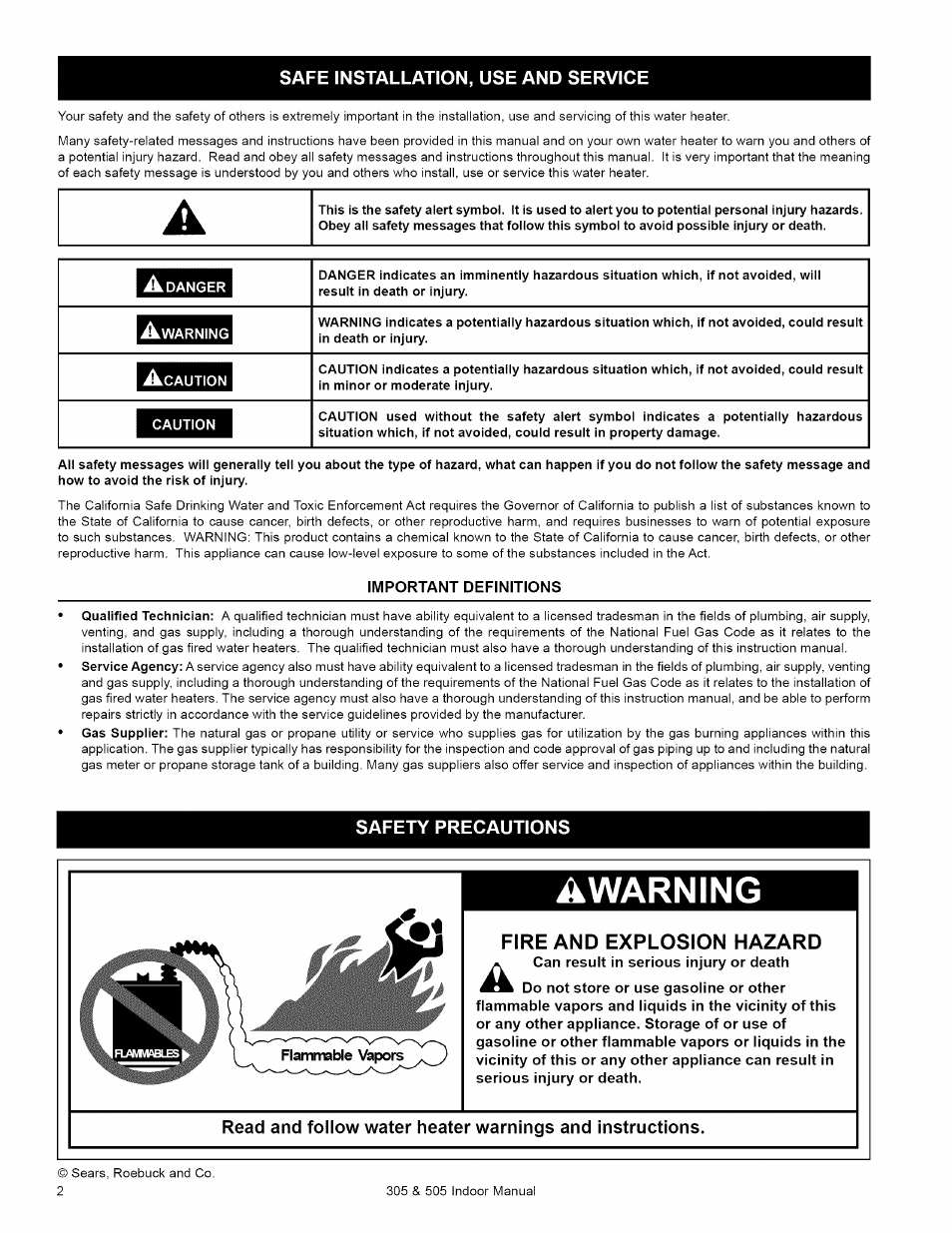 Safe installation, use and service, Important definitions, Safety precautions | Awarning, Fire and explosion hazard | Kenmore 505 User Manual | Page 2 / 36