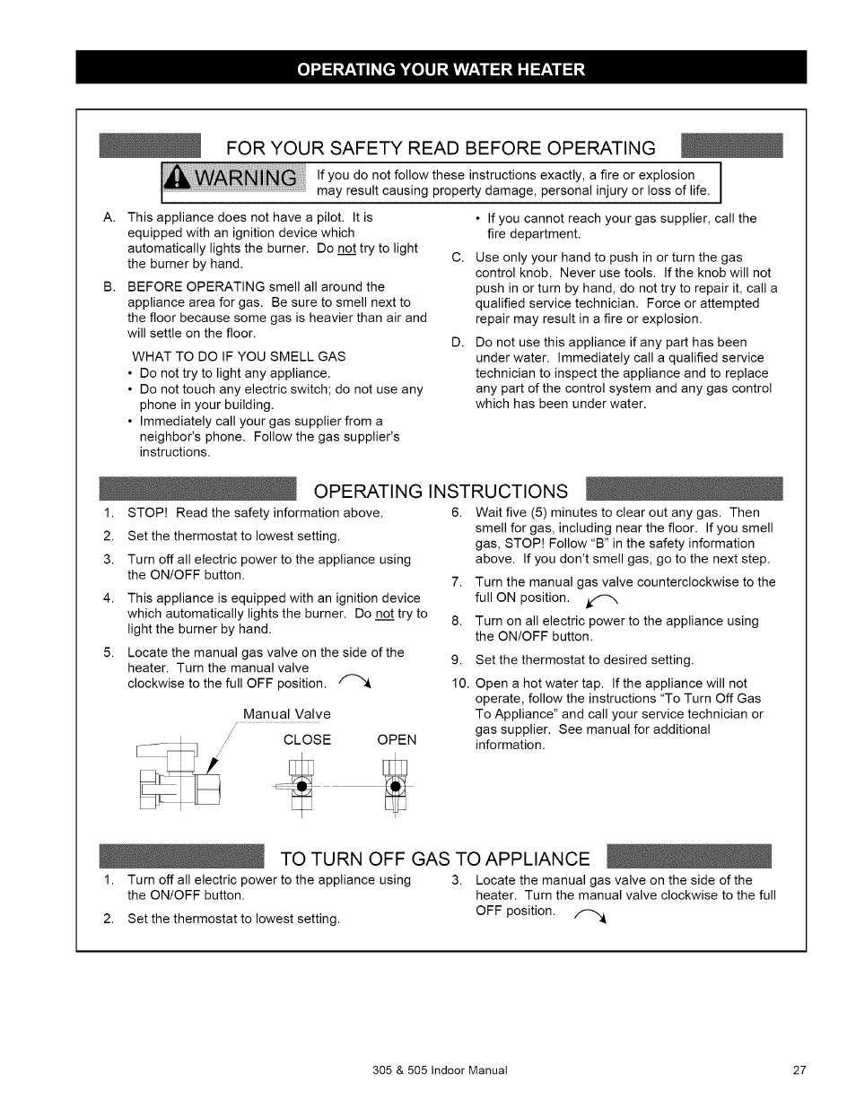 Operating your water heater, A warning, For your safety read before operating | I operating instructions | Kenmore 505 User Manual | Page 27 / 36