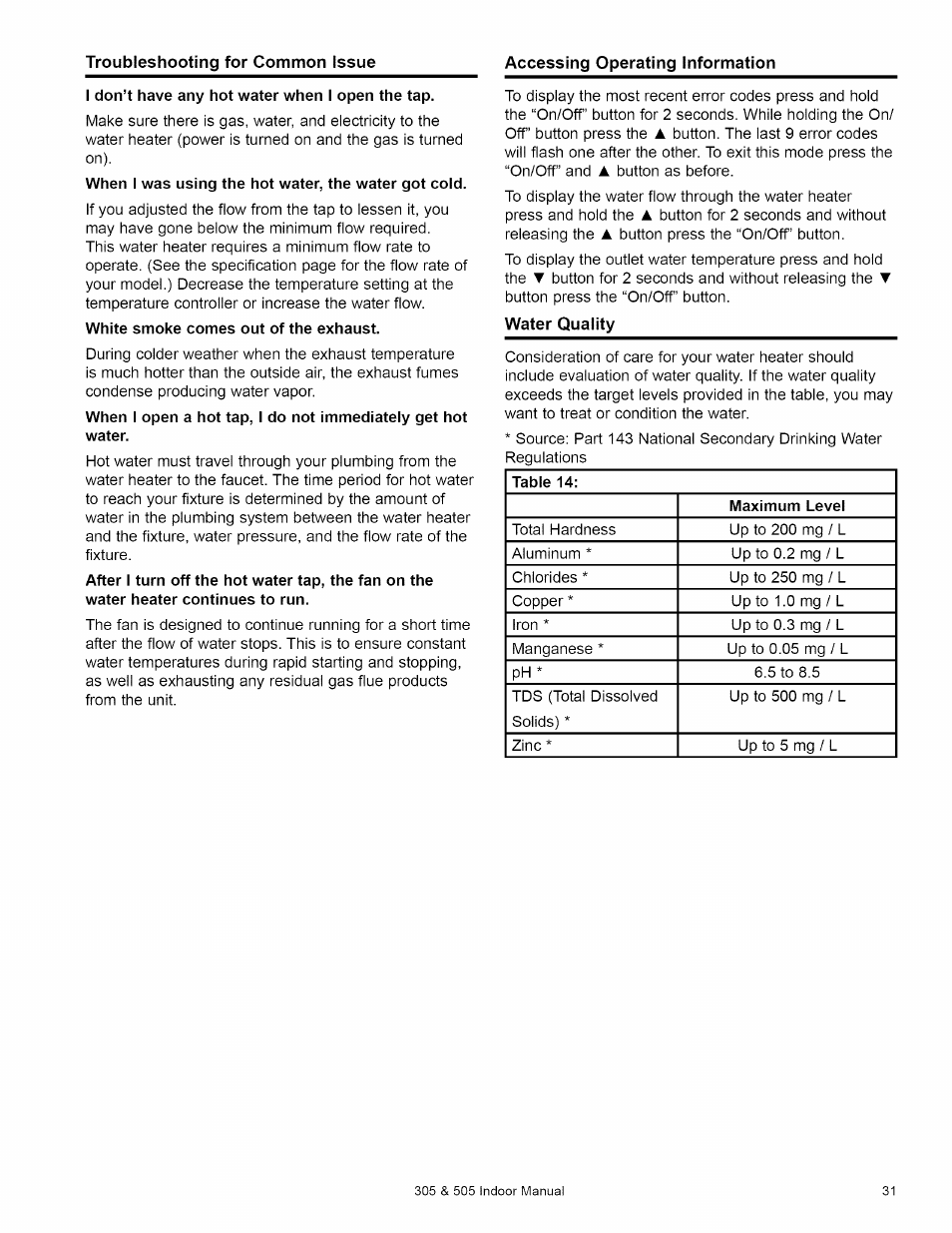 I don’t have any hot water when i open the tap, White smoke comes out of the exhaust | Kenmore 505 User Manual | Page 31 / 36