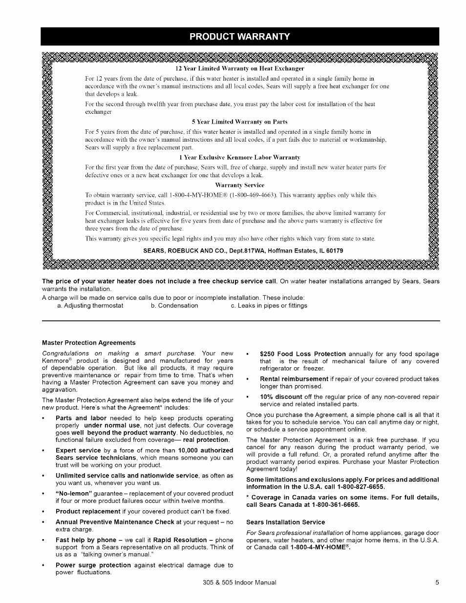 Product warranty | Kenmore 505 User Manual | Page 5 / 36