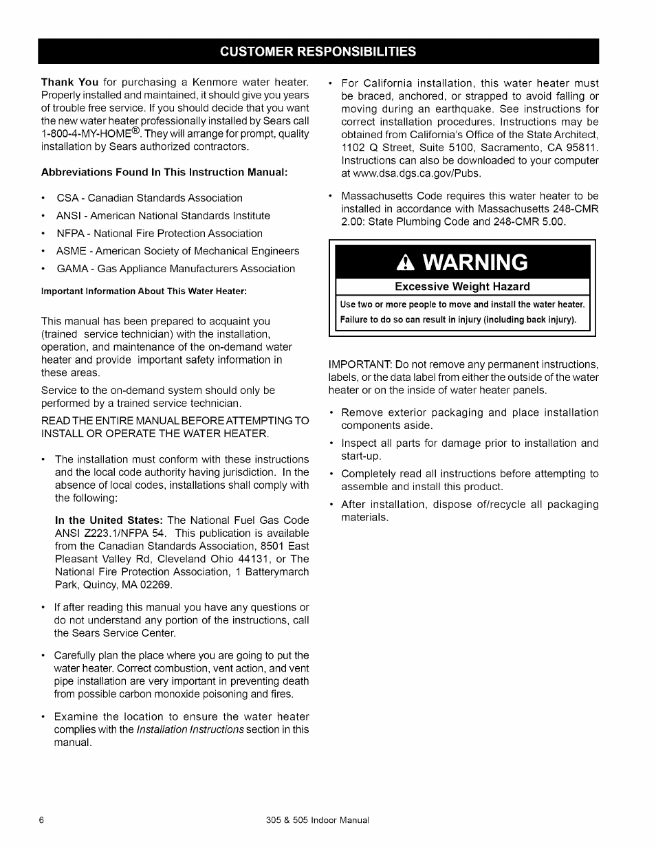 Customer responsibilities, Abbreviations found in this instruction manual, Consumer responsibilities | A warning, Installation instructions | Kenmore 505 User Manual | Page 6 / 36