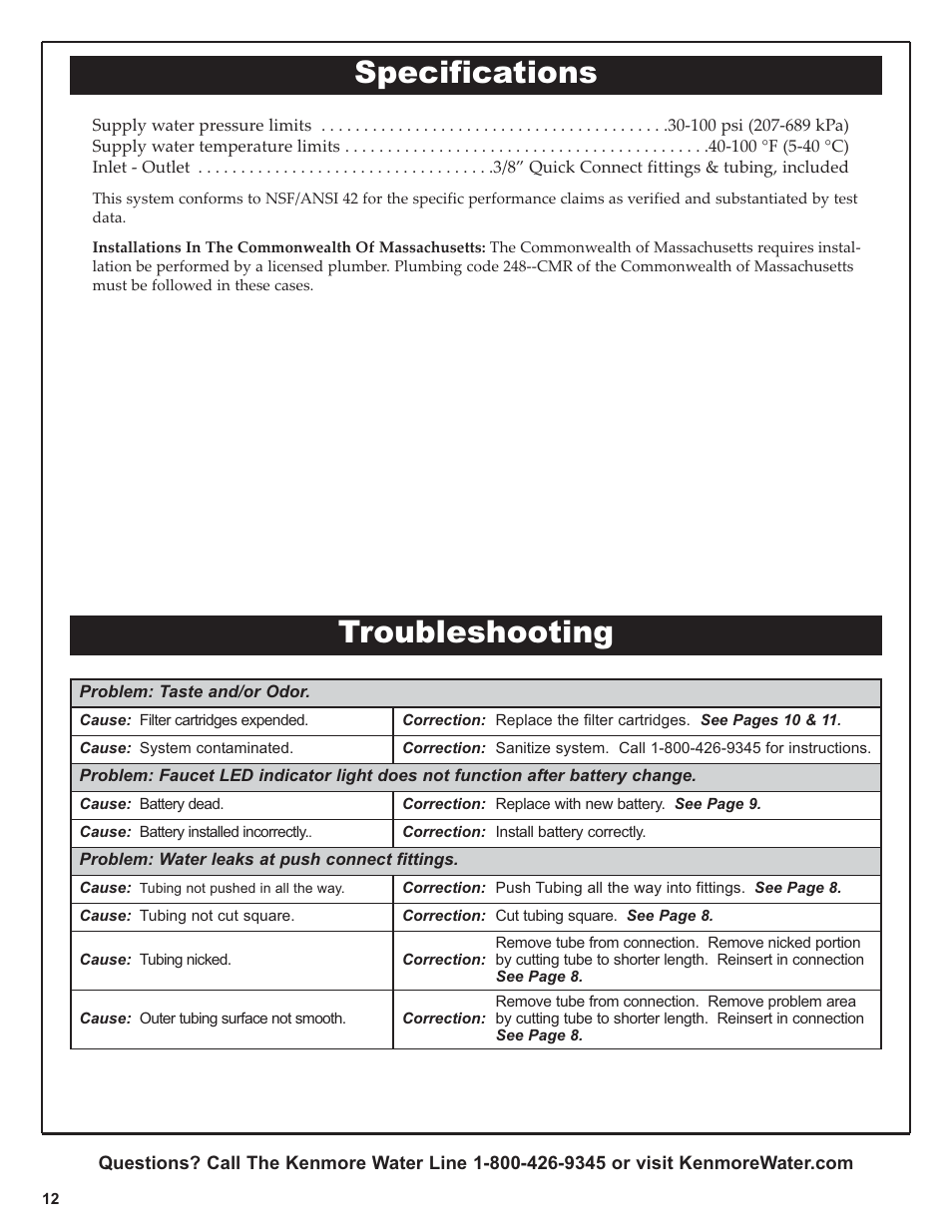 Specifications troubleshooting | Kenmore 625.38461 User Manual | Page 12 / 16